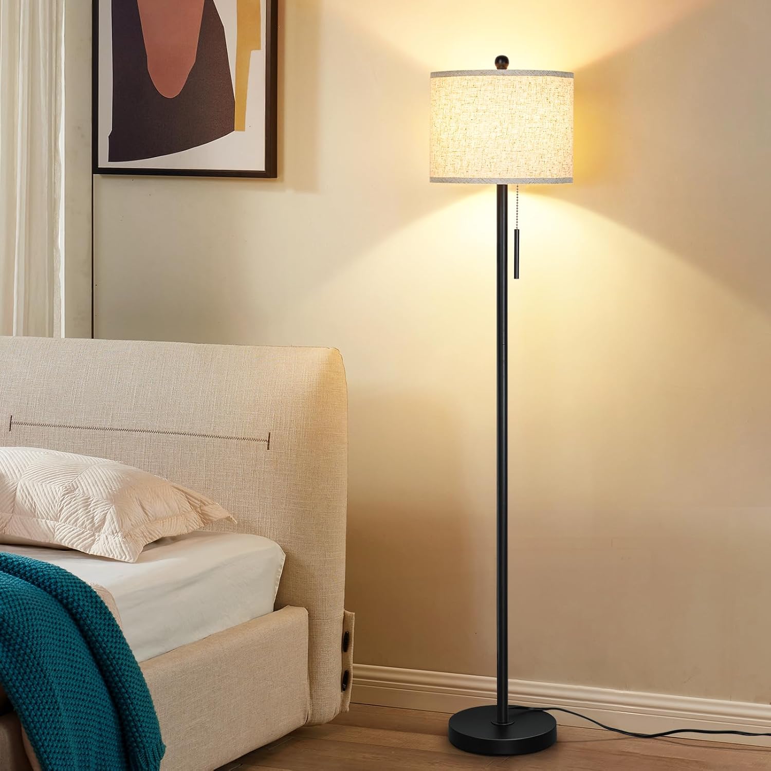 Qingmiao Floor Lamp for Living Room, 63in Black Standing Lamp, 3-Way Dimmable Floor Lamp for Bedroom, Tall Lamp with White Linen Shade for Office