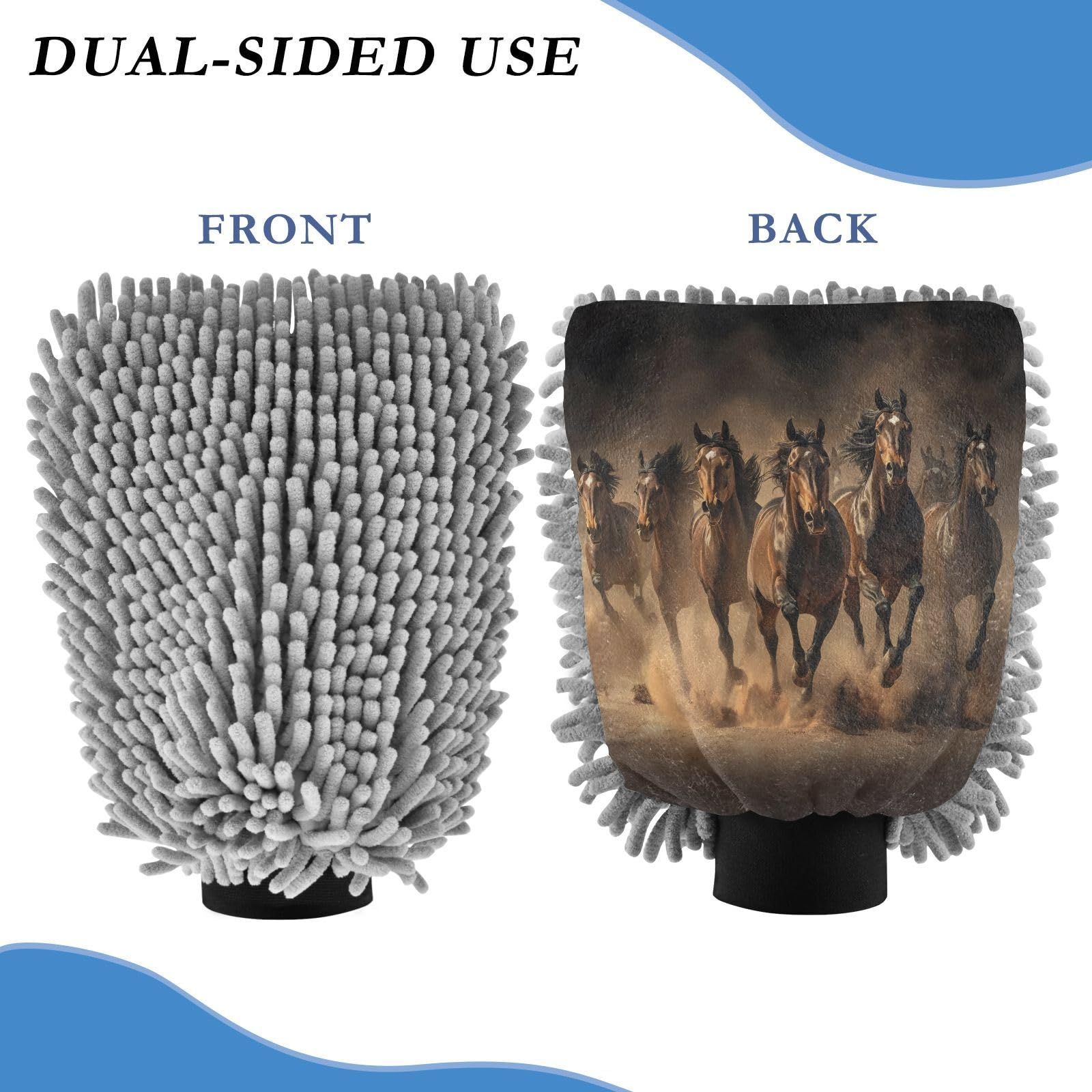 Flradish 2 Pack Running Horses Car Wash Mitt Chenille Microfiber Lint-Free Scratch Free Ultra-Soft Absorbent Car Wash Mitt 11.8x8.07 Inch