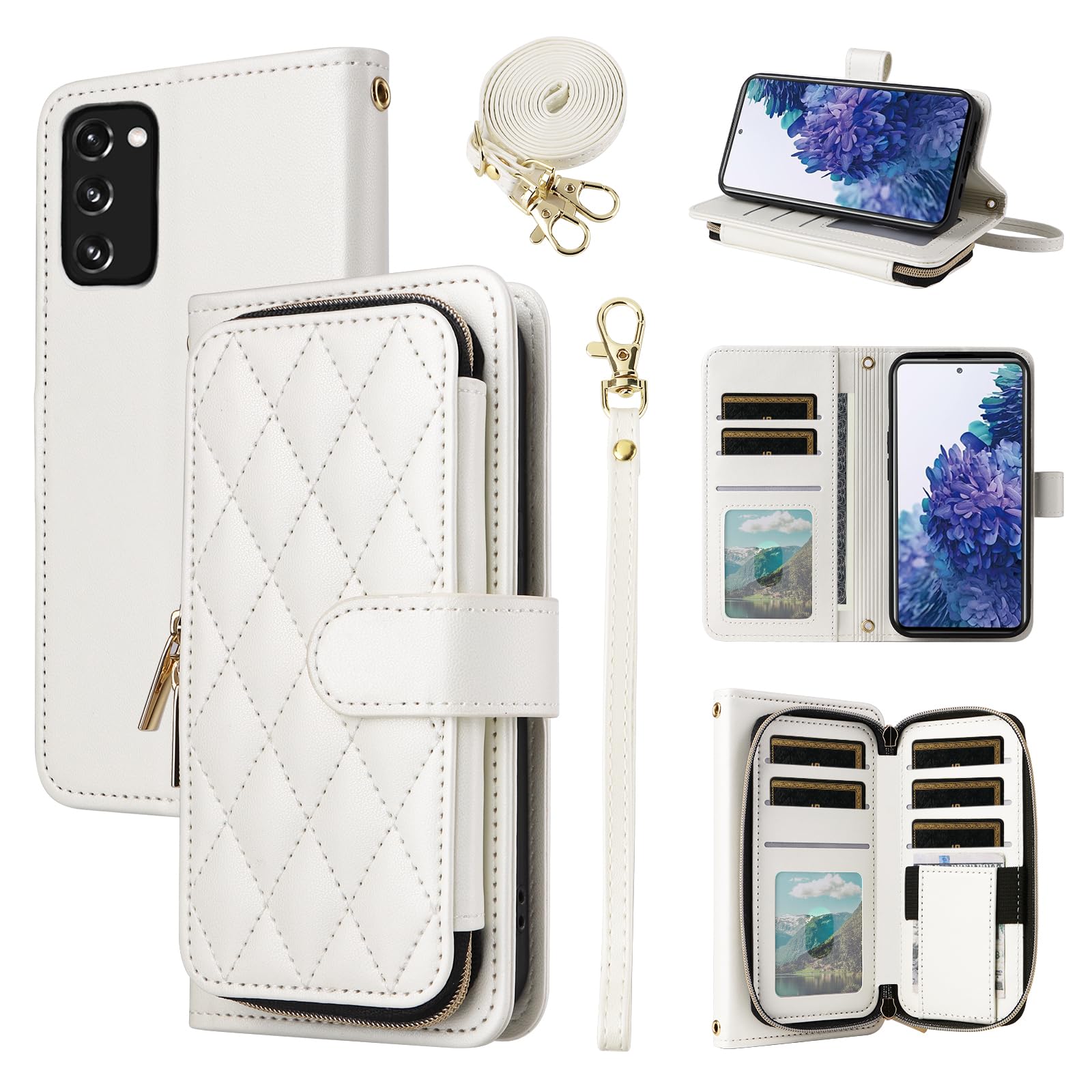 Wallet Case for Samsung Galaxy S20 FE 5G 6.5 inch with Wrist Strap, 9+ Card Slots Zipper Purse, Luxury PU Leather Stand Phone Cover for S 20 EF UW S20FE5G S20FE 20S S2O Fan Edition 4G G5 White