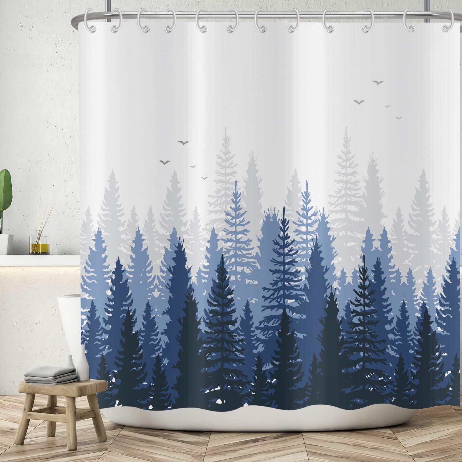 ASDCXZ Cortina de Ducha Forestal 180x180 cm, Degradado Azul Niebla Bosque Selva Pájaros Blancos Cortinas de Ducha Lavables baño Tela de Cortina Ducha Impermeable con 12 Ganchos