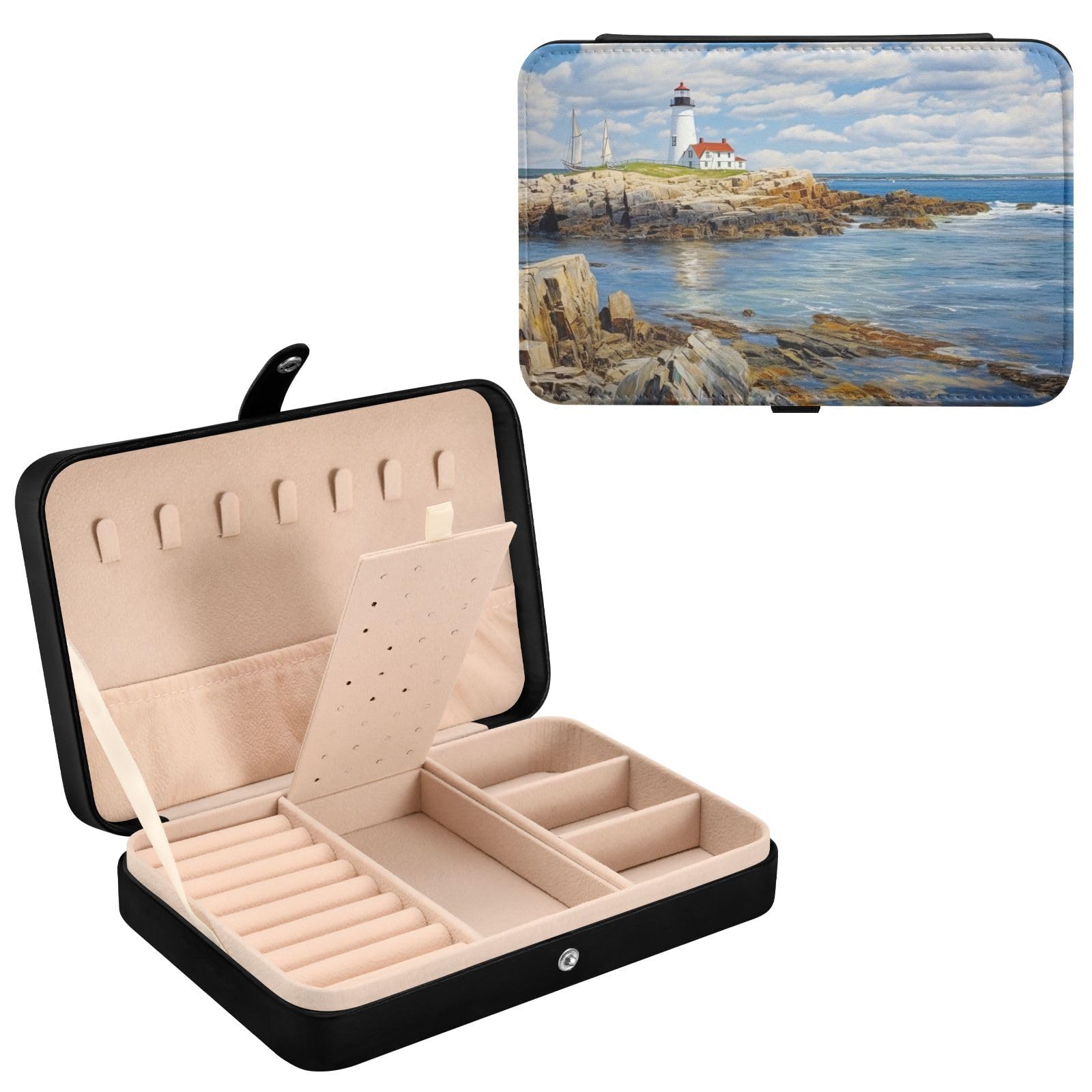 Haskirky Lighthouse Jewelry Box Portable PU Leather Travel Jewelry Organize for Women Jewelry Storage Display Holder for Ring, Necklace, Earring