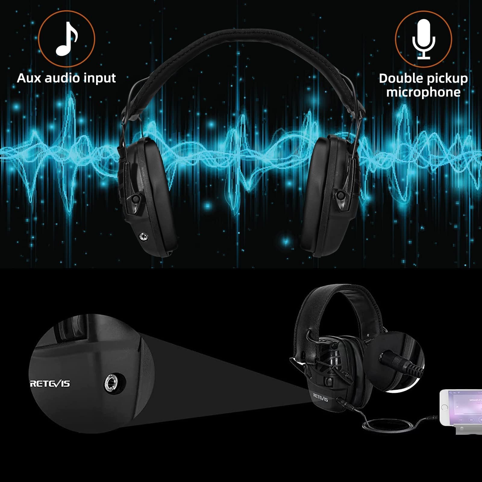 Retevis Cuffie Poligono Tiro, Cuffie Antirumore Elettroniche, SNR 28dB, Ingresso Audio AUX, Microfono a Doppio pickup, Cuffie Pieghevoli, Caccia, Motosega, Macchinari Oesanti (1 Confezione, Nero)