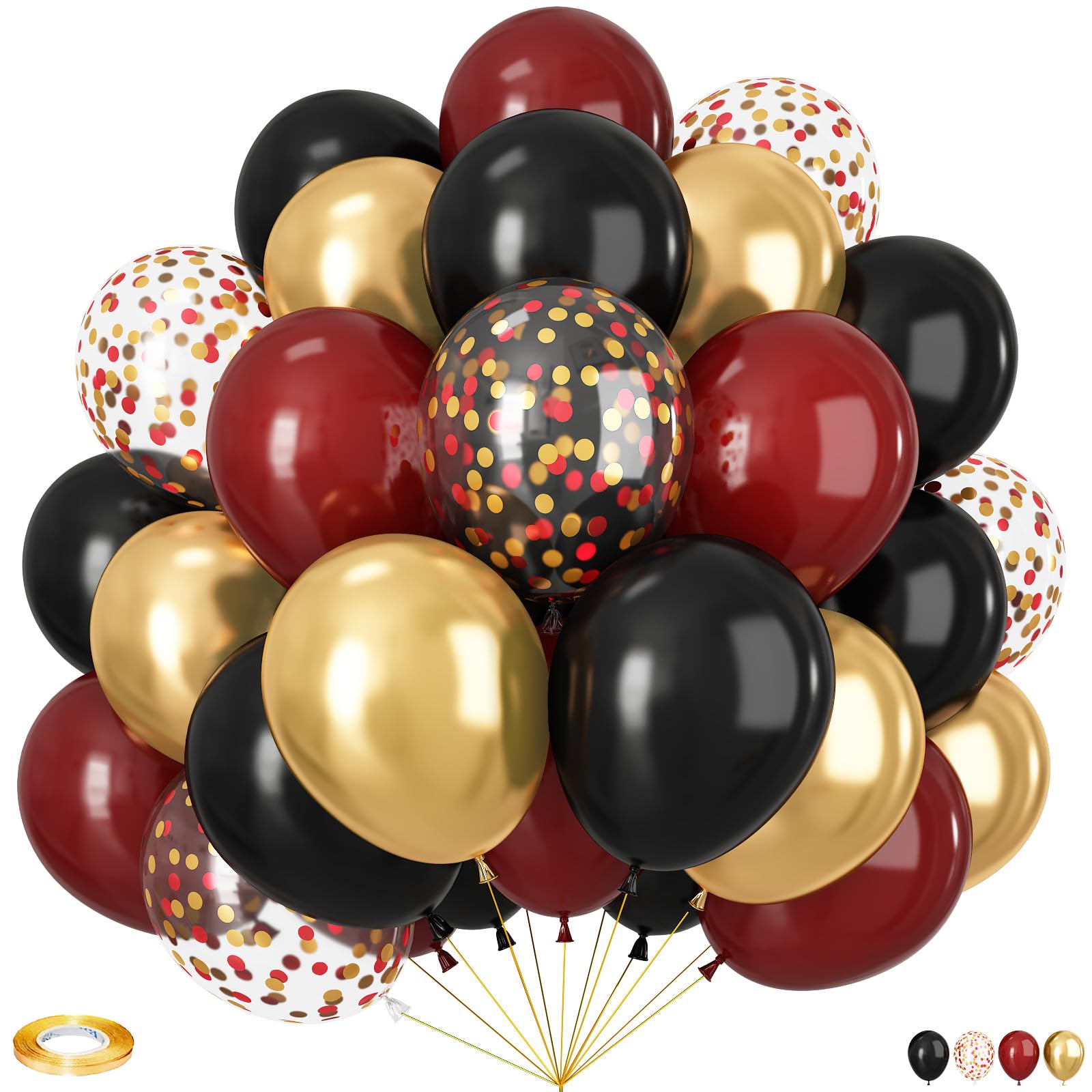Black and Burgundy Balloons, 60pcs 12Inch Black Burgundy Gold Balloons,Metal Gold and Confetti Balloon for Graduation Kids Birthday Baby Shower New