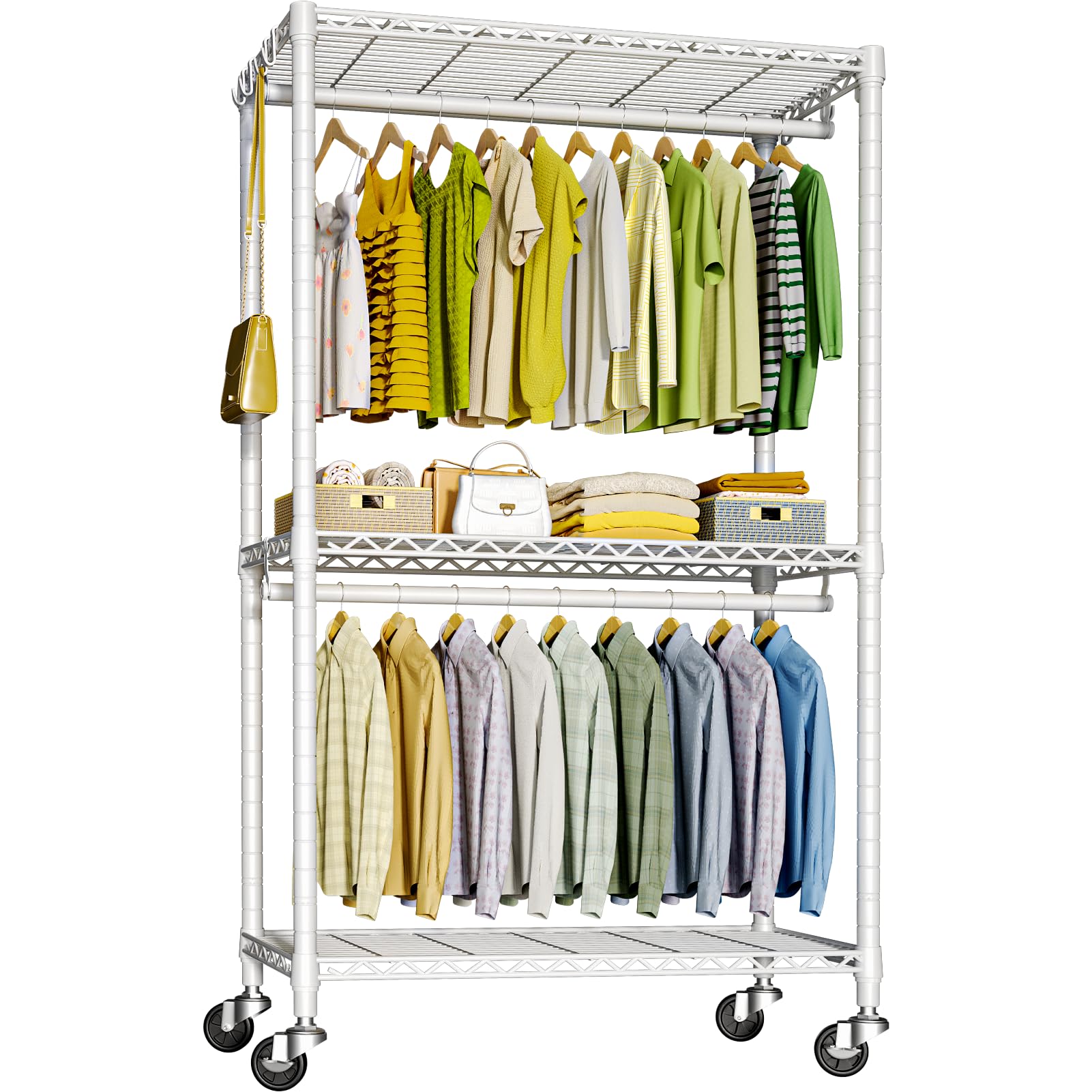 FUTASSI P3 Rolling Clothes Rack, Clothing Racks for Hanging Clothes, Heavy Duty Garment Rack with Wheels, Freestanding Portable Closet Organizer 39.4''W x 14''D x 78.5''H, Max Load 464 LBS, White