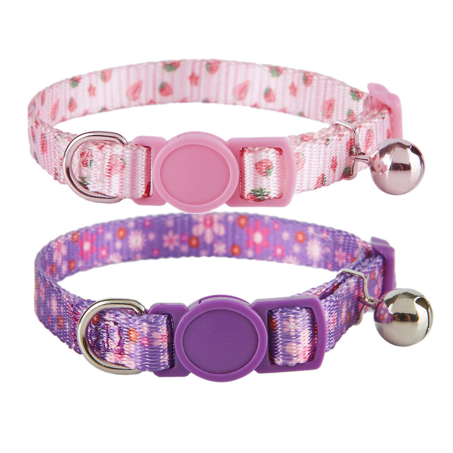 YUDOTECat Collars Pack of 2, Colorful Printed Basic Strong Girls Cat Collar Quick Release with Removeable Bell, Pink Purple