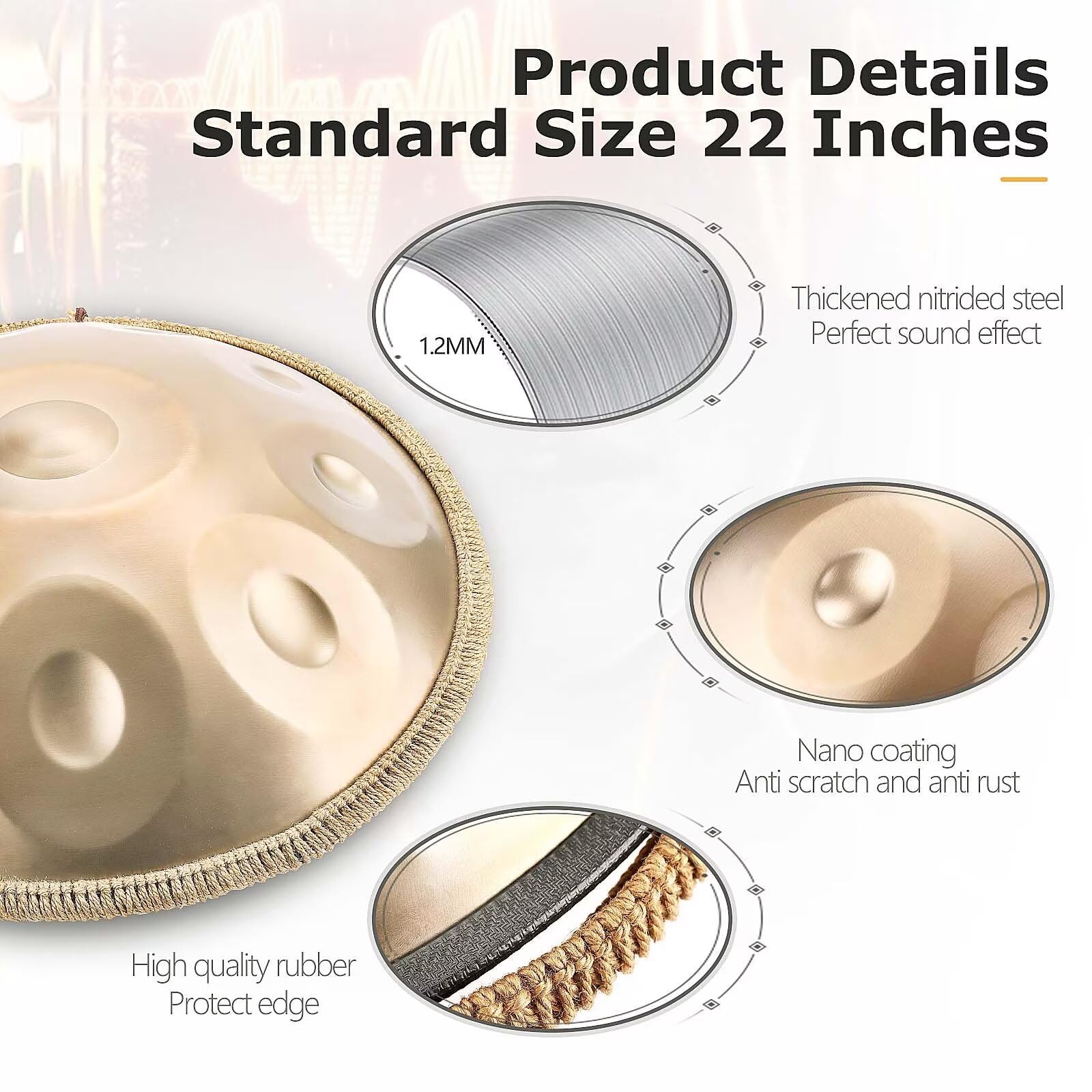 Handpan 22 Pulgadas 9/10 Notas Tambor de Acero, 432/440 Hz Re Menor Percusión de Tambor Golden Handpan para Sanación con Sonido, Yoga (10 Notas-440Hz)