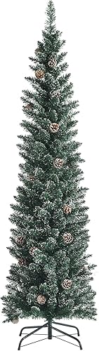 Goplus Árbol de Navidad artificial de 6 pies, árbol de Navidad delgado flocado con nieve con 31 conos de pino, soporte de metal plegable, 267 puntas