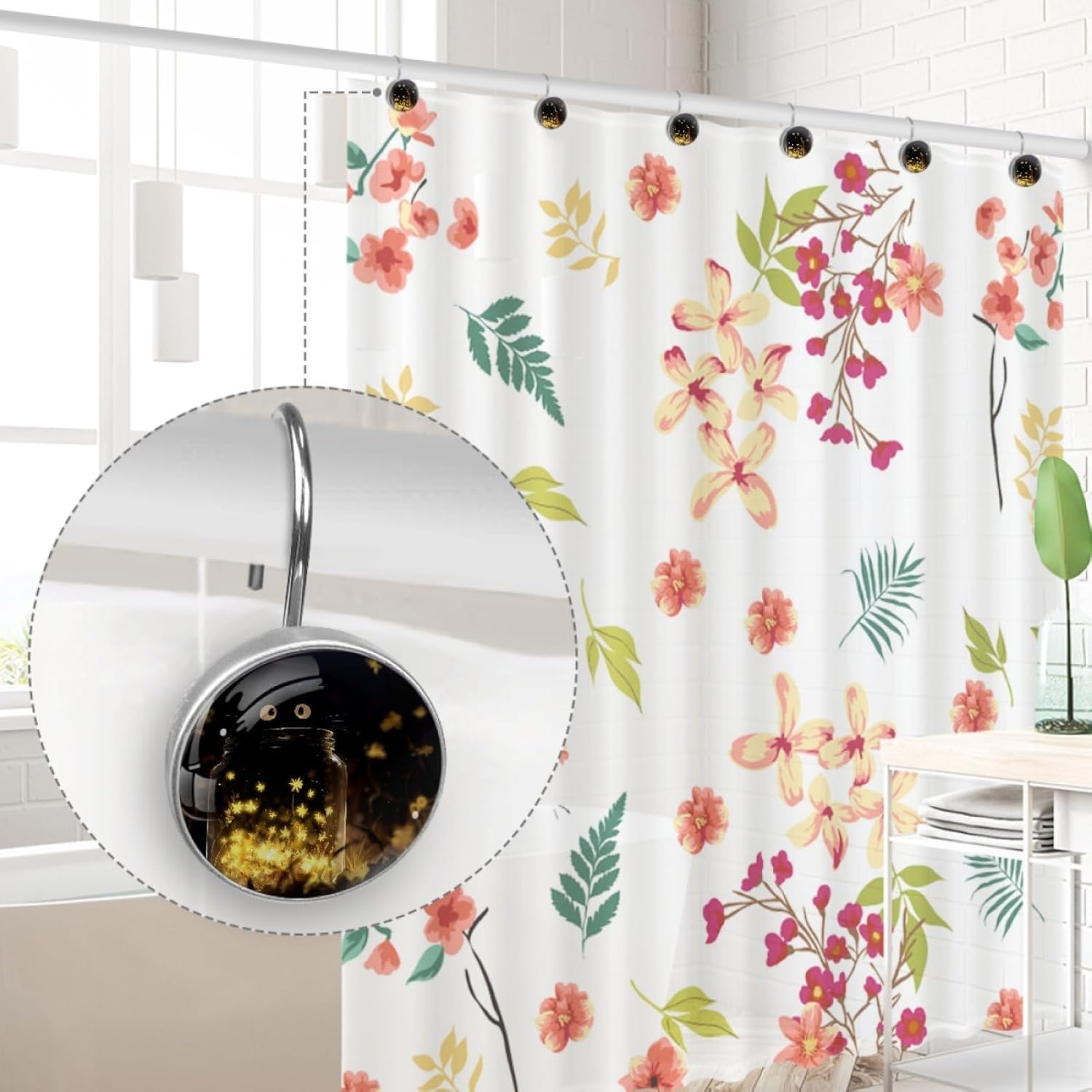 12 Packs Cute Cat and Glowing Bottle Shower Curtain Hooks, Stainless Steel Glass Shower Curtain Rings for Bathroom Decor, Metal Rustproof Curtain Rod Hooks