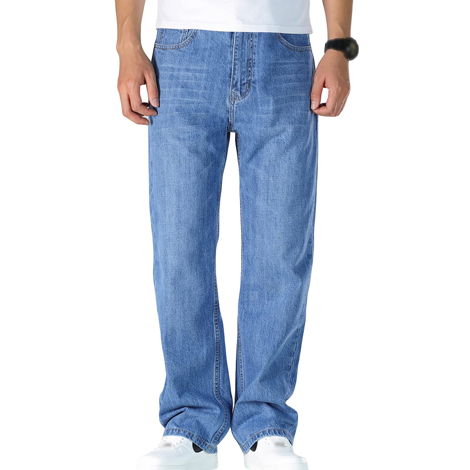 Men's Relaxed Straight Fit Jean Loose Fit Basic Stretch Denim Pants Classic Vintage Casual Comfort Jeans Pant (Light Blue,33)