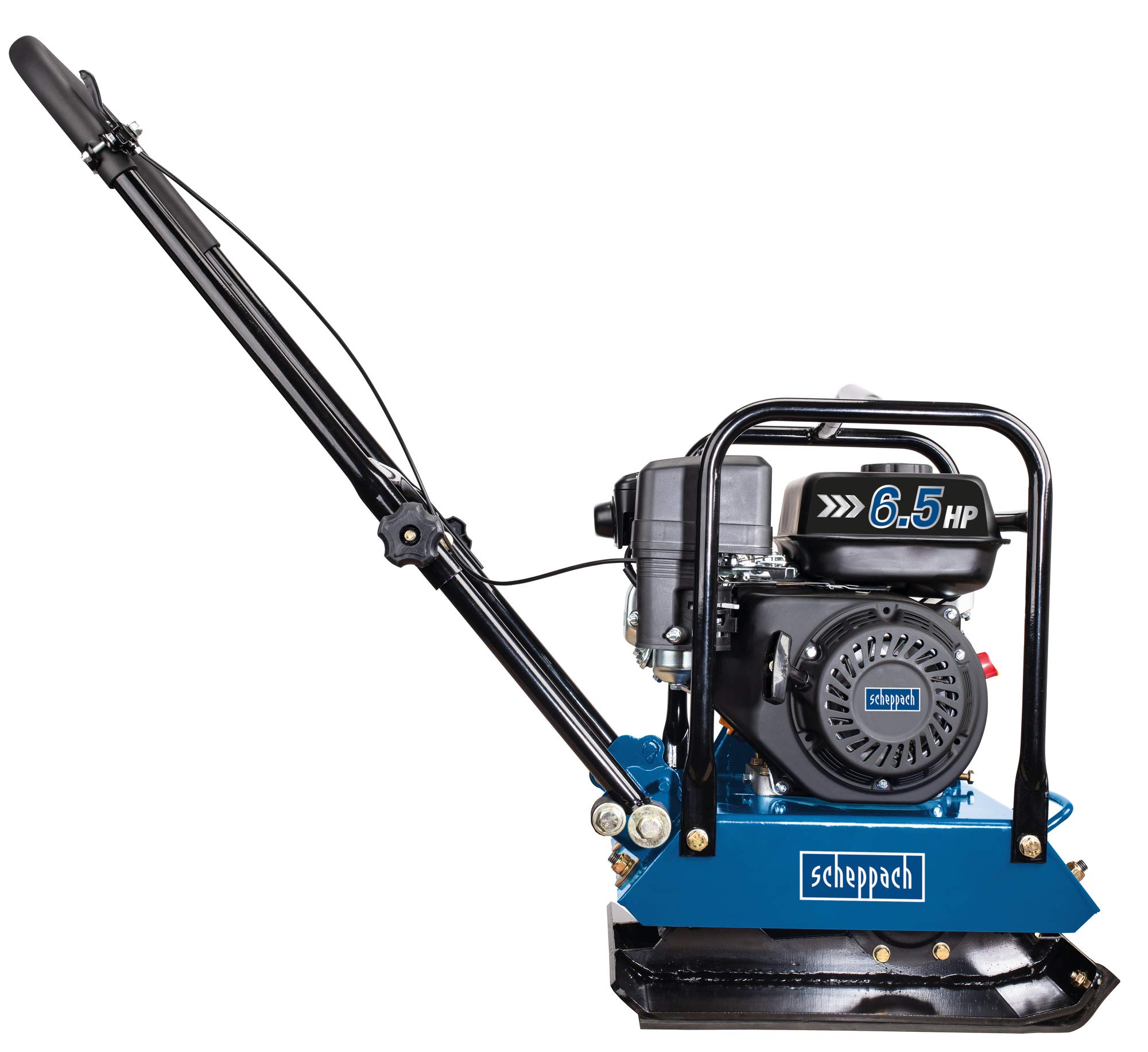 Scheppach Benzin Rüttelplatte HP1200S | 6,5PS Leistung | 15kN Verdichtungsdruck - 30cm Verdichtungstiefe | Vorlaufgeschwindigkeit 25 m/min | inkl. Gummimatte und Fahrvorrichtung
