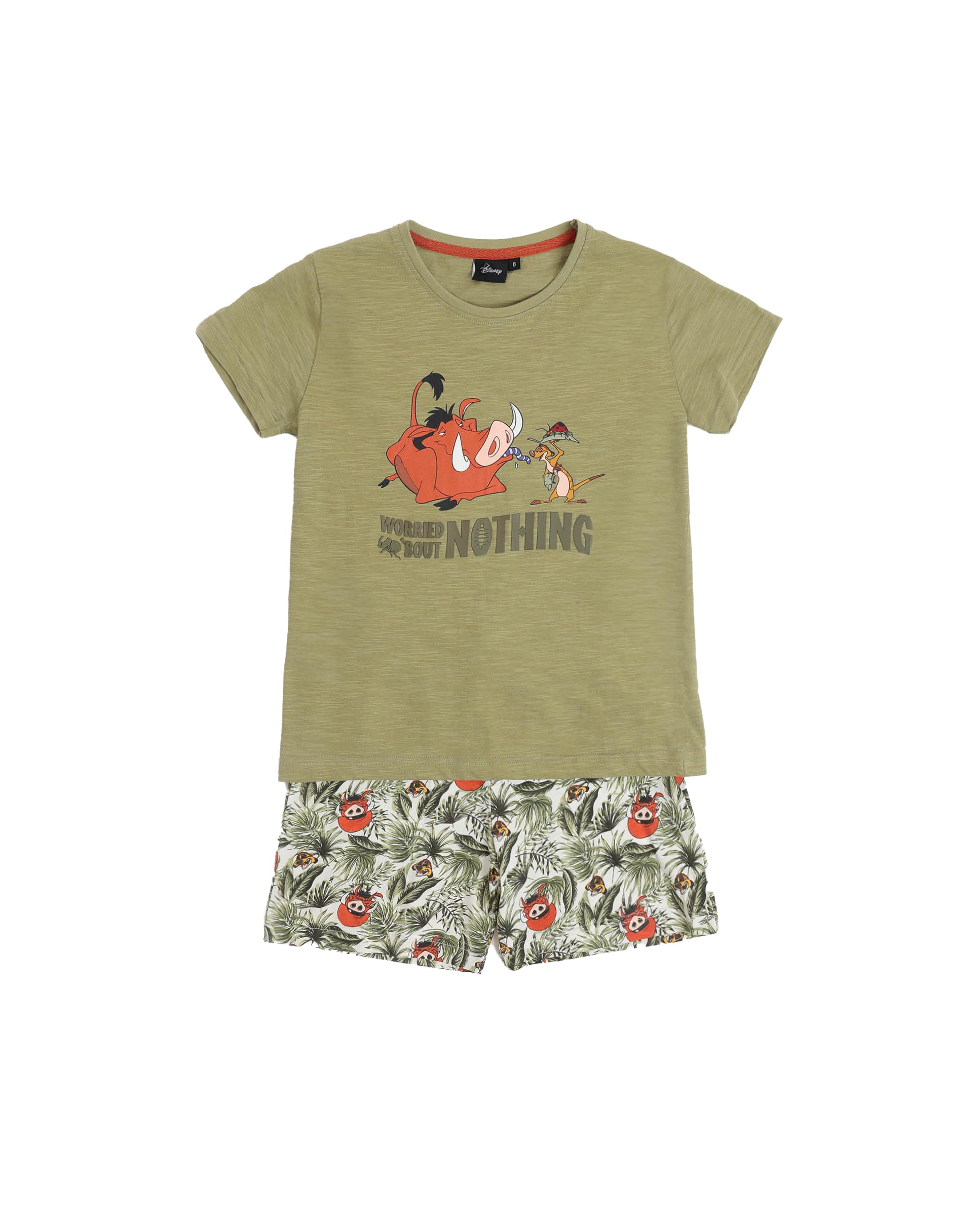 Disney Pijama niño Verano 100% algodón - Pijama Manga Corta Timon & Pumbaa para niño – pantalón Corto con Cinturilla elástica Estampado – Tejido Suave al Tacto, Caqui - Talla 8 años