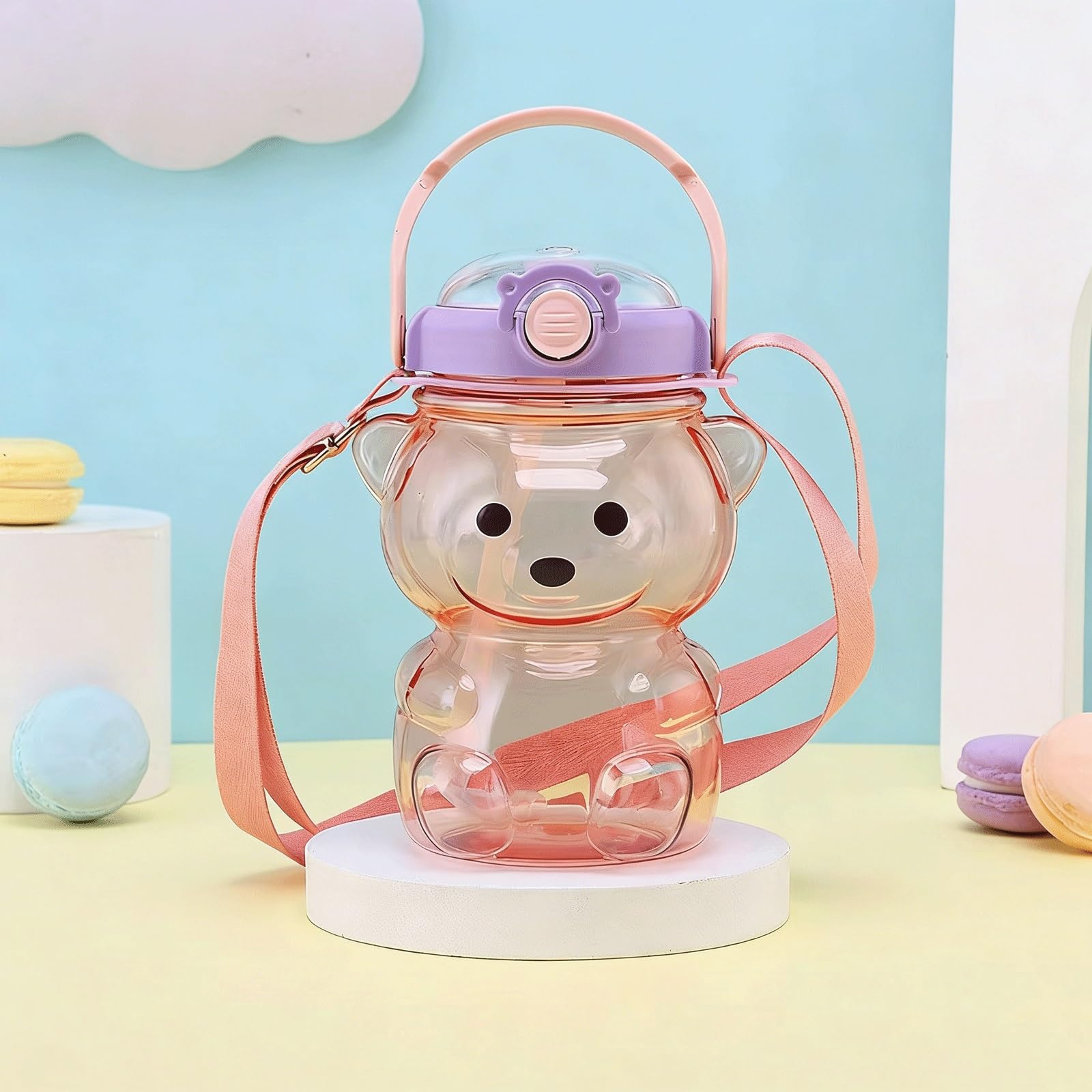 LLiuvcc Cute Bear Water Bottle 1000ml/34oz, BPA Free Leakproof Straw Bottle With Adjustable Shoulder Strap For School Travel Sports(Color4)