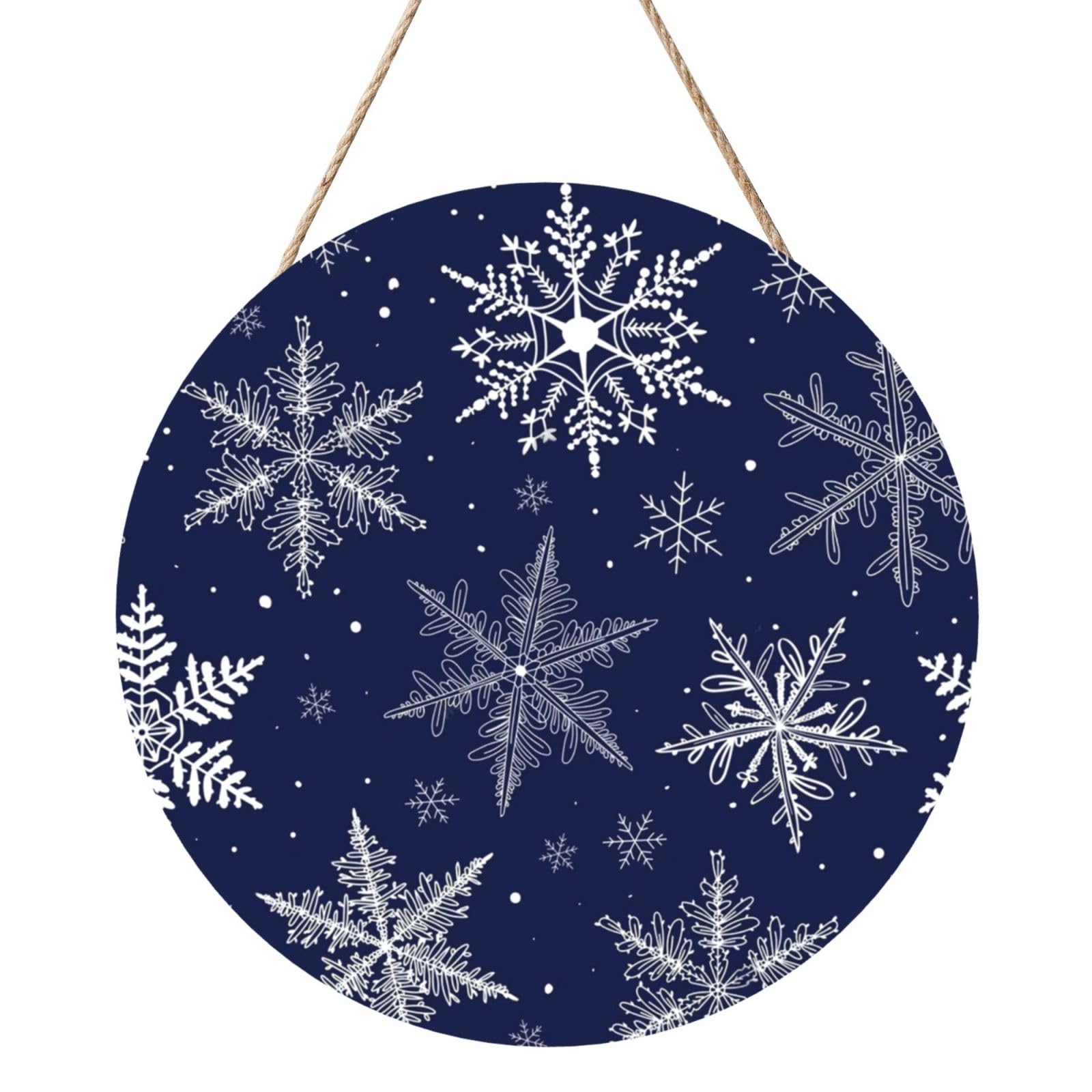 InOmak Christmas Winter Snowflake Navy Blue, Round Wood Panel Painting 12 in, Wall Hanging Painting For Home