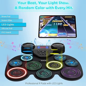 Electric Drum Set with 7-Color Dynamic LED Lights, 9-Pad Electronic Drum Set with Dual Speakers, Bluetooth MIDI, Portable Practice Drum Pad for Kids & Adult Beginners, Christmas Birthday Gift