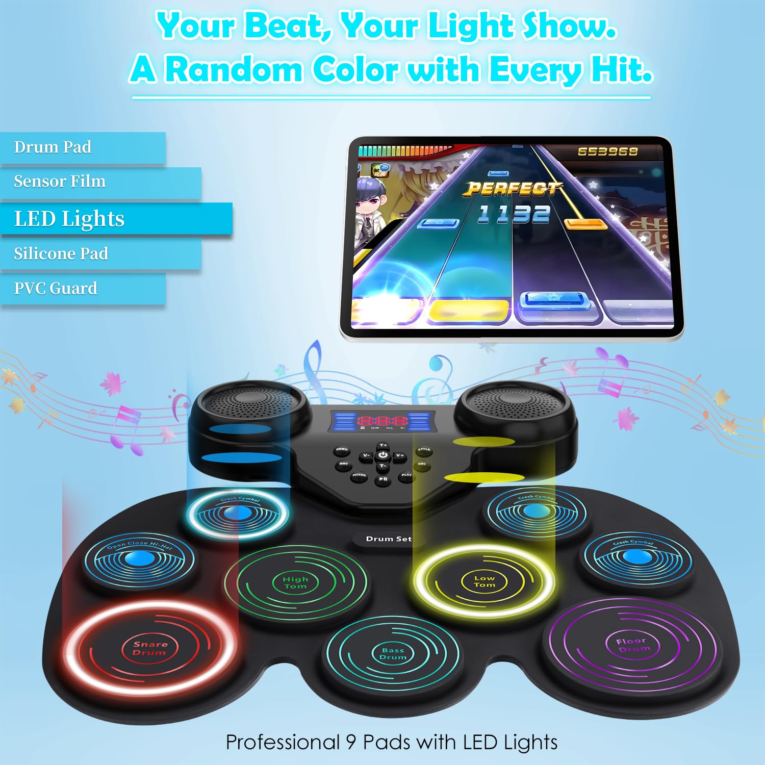 Electric Drum Set, 9-Pad with LED Lights - Image 2