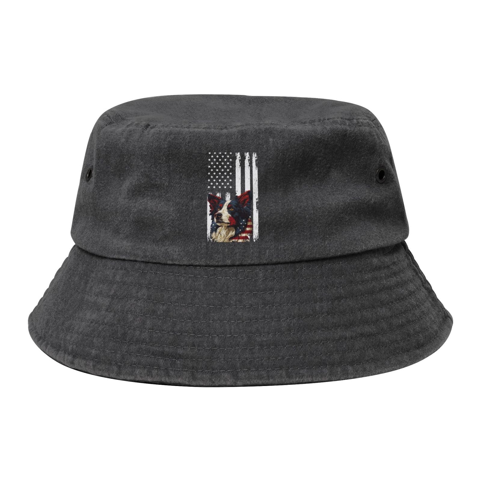 Qauirfe Border Collie Dog American Flag Fashion Cowboy Denim Fisherman Hat Outdoor Fishing Cap Sun