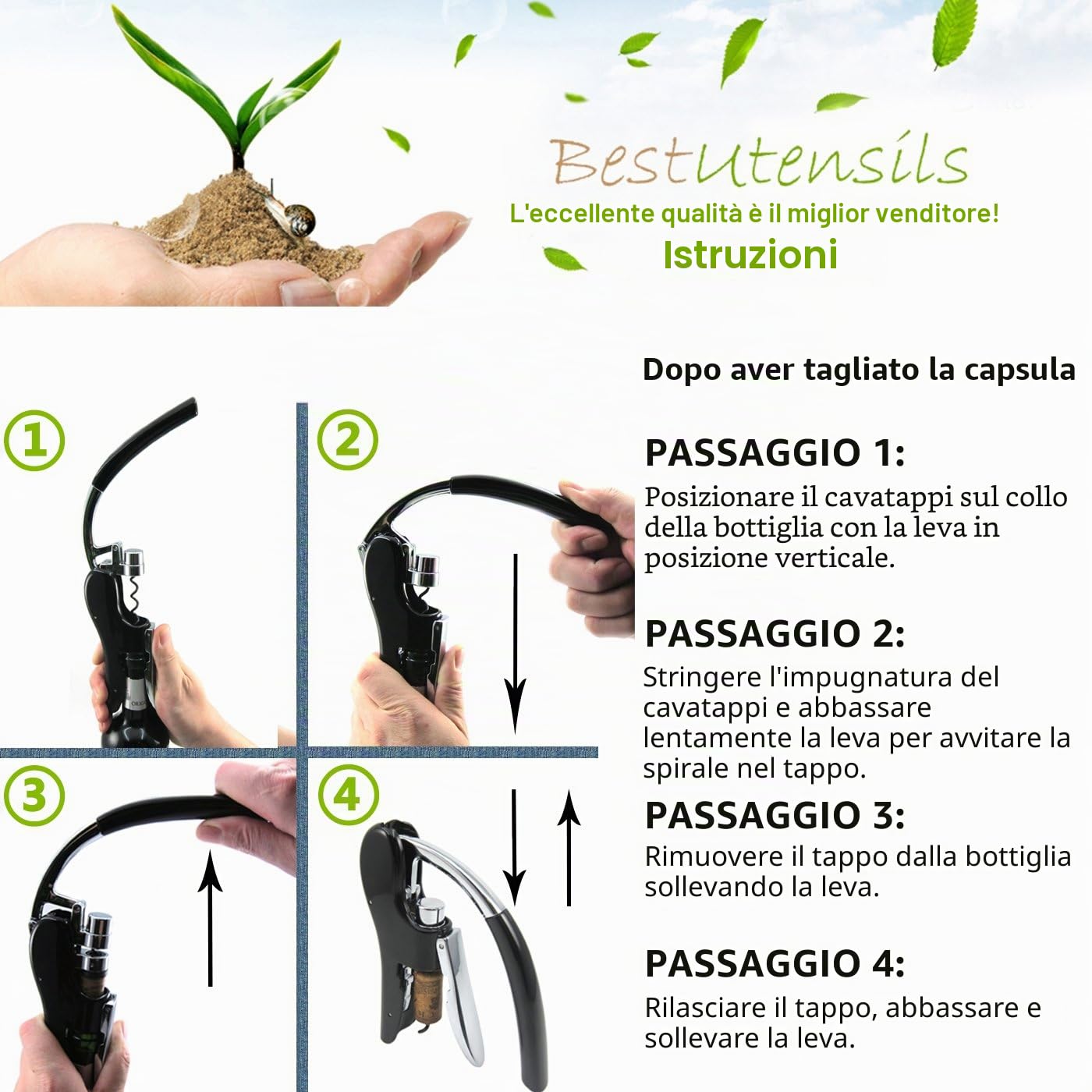 BestUtensils Kit apribottiglie professionale, in lega di zinco, con leva, tagliacapsule incluso Black