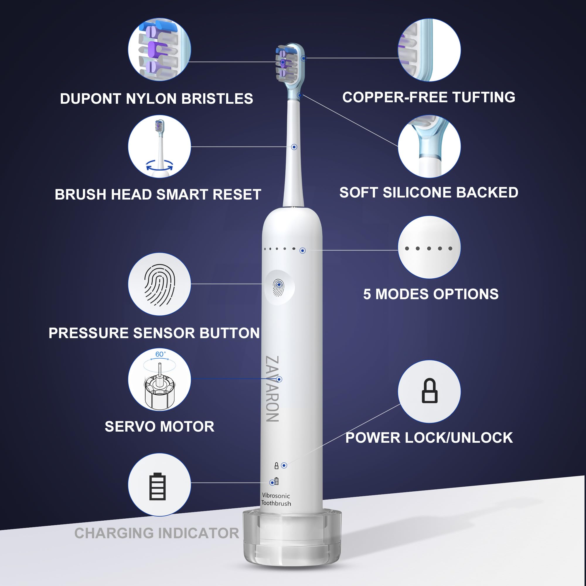 Cepillo de dientes eléctrico Sonic para adultos, cepillo de dientes recargable con 31.000 VPM y 180 oscilaciones/min, 5 modos, modo de vuelo, 6 cabezales de cepillo, estuche de viaje, cargador