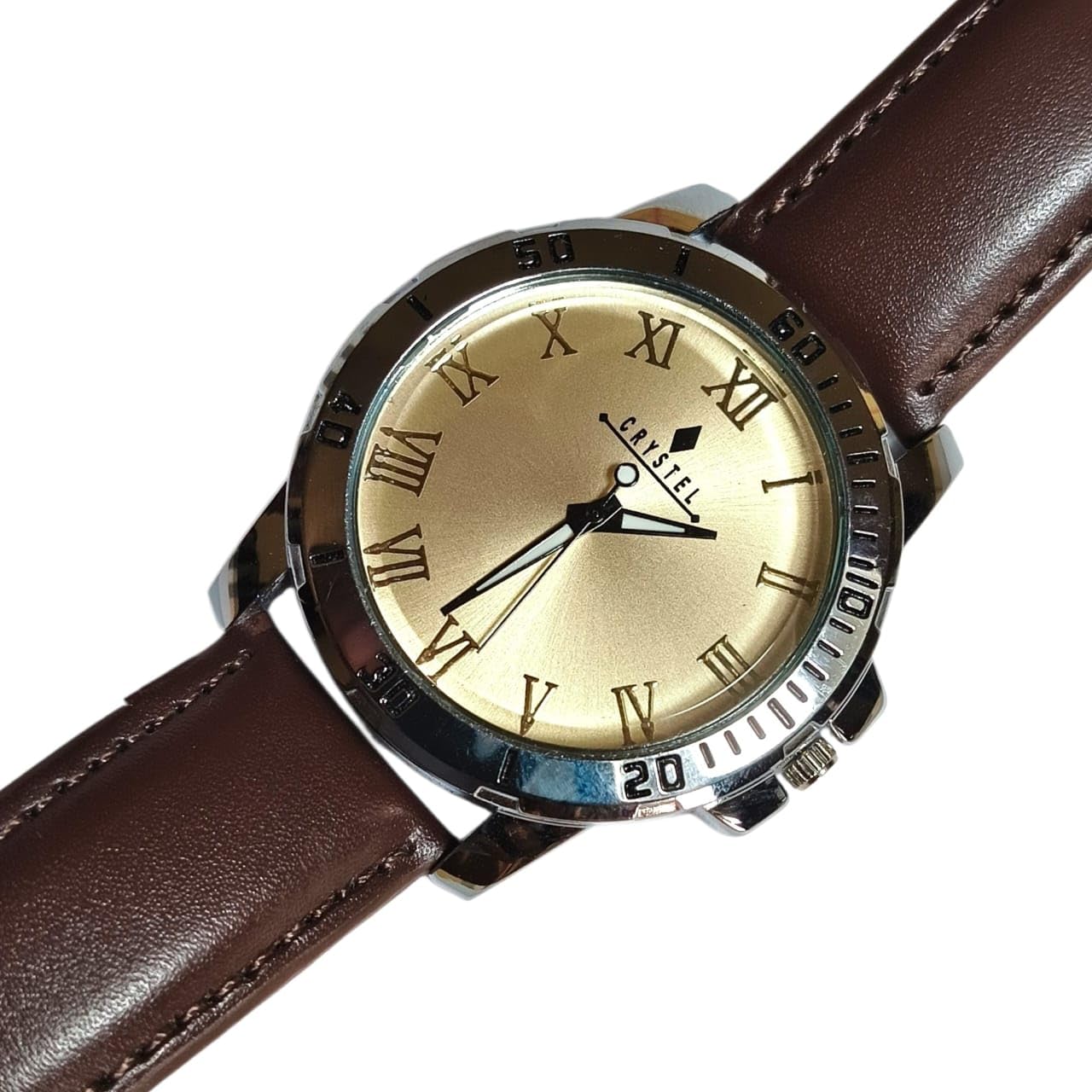 Crystel Analogue Men's Watch, Gold Dial, Brown Leather Strap-image-49