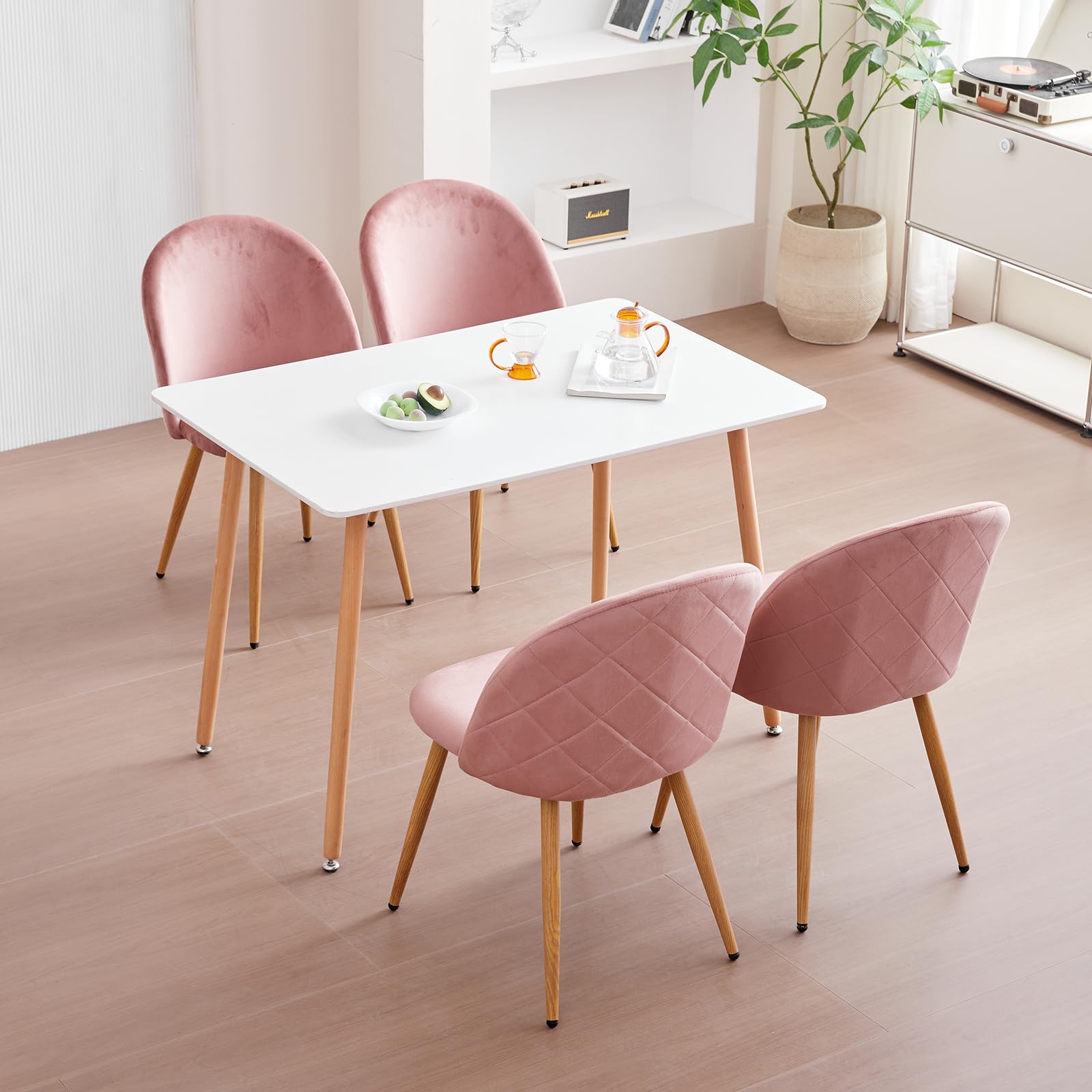 Esstisch mit 4 Stühlen, Esszimmer-Set, 110 x 70 x 75 cm, rechteckiger Esstisch aus Holz, 4 Samtstühle mit hoher Rückenlehne, Rosa + Weiß