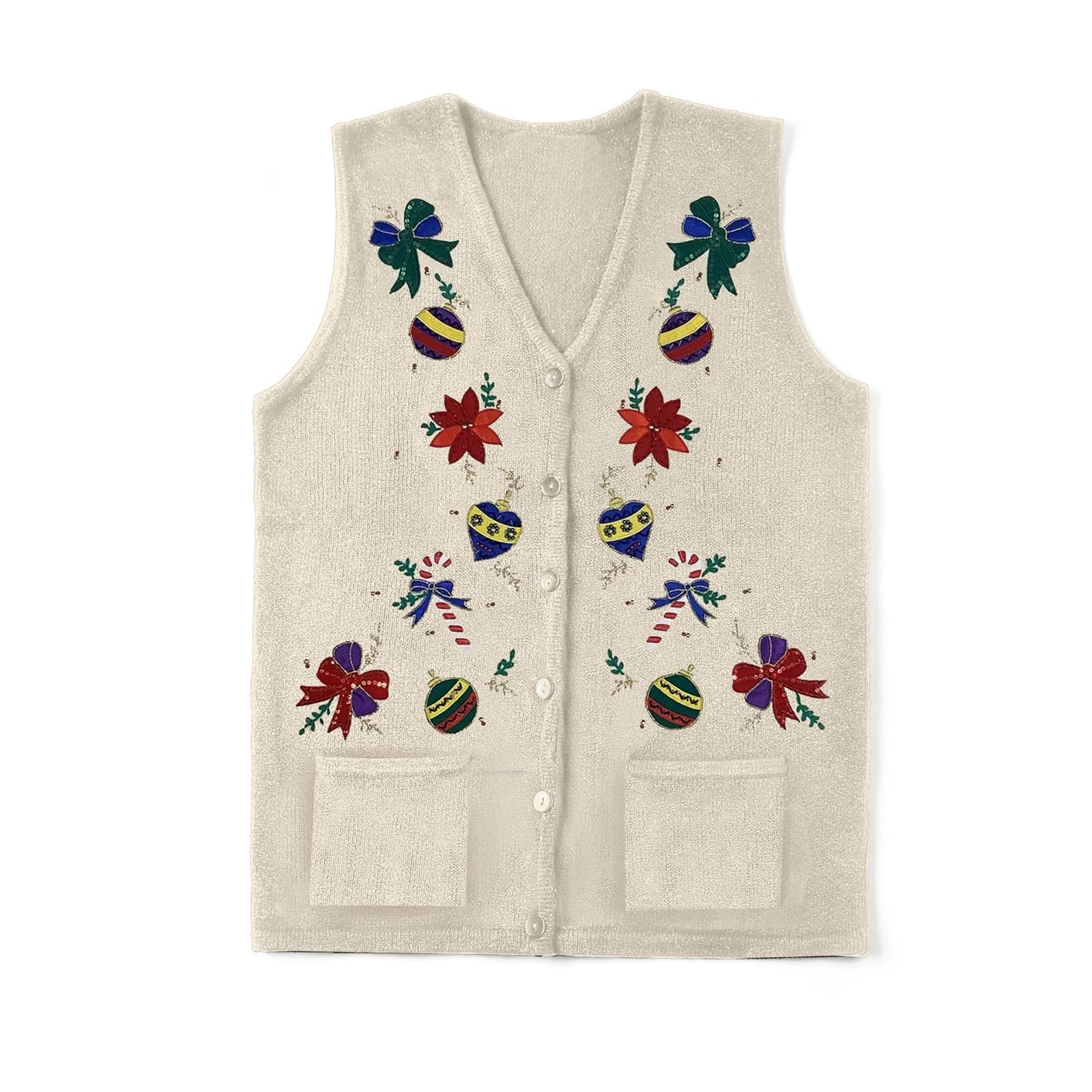 Women Christmas Sweater Vests Snowman Embroidery Sleeveless Button Cardigan Holiday Knit Tank Top Xmas Santa Claus Vest