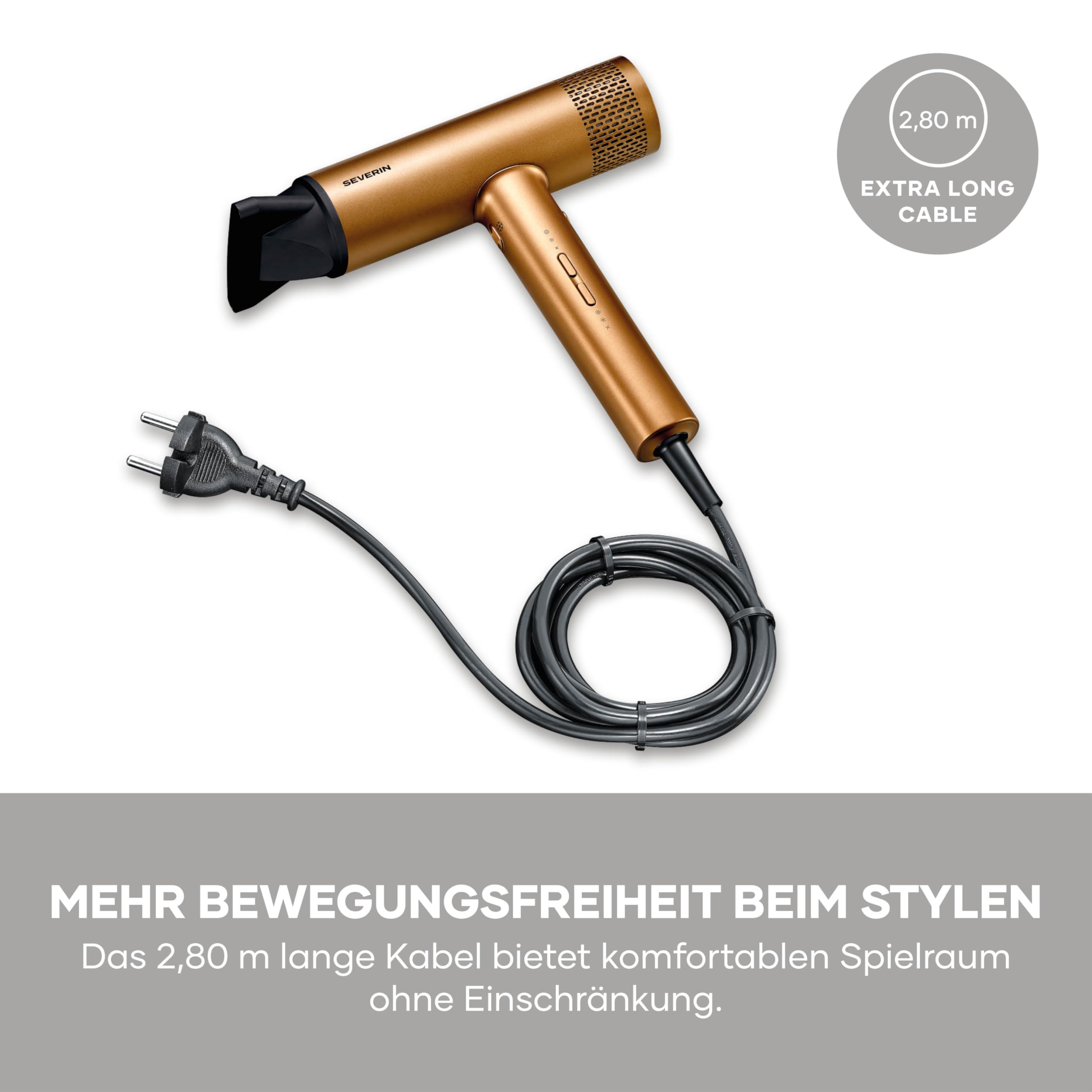 Severin HT 0172 Sèche-cheveux ionique avec anti-frisottis, concentrateur, diffuseur, coiffage doux, 3 niveaux de température et 3 niveaux de puissance, niveau froid, câble de 2,8 m, style S, 2000 W