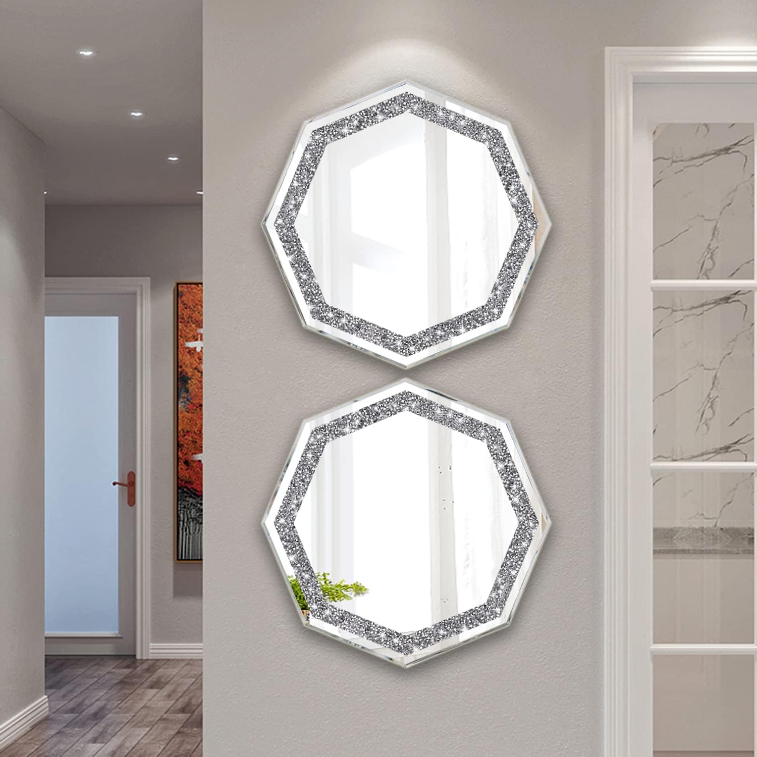 Wocred 2-Piece Octagonal Wall Mirrors，Crushed Diamond Glass Mirror，Refined Special-Shaped Bedroom Mirror, Shower Mirror.(12”x12”)