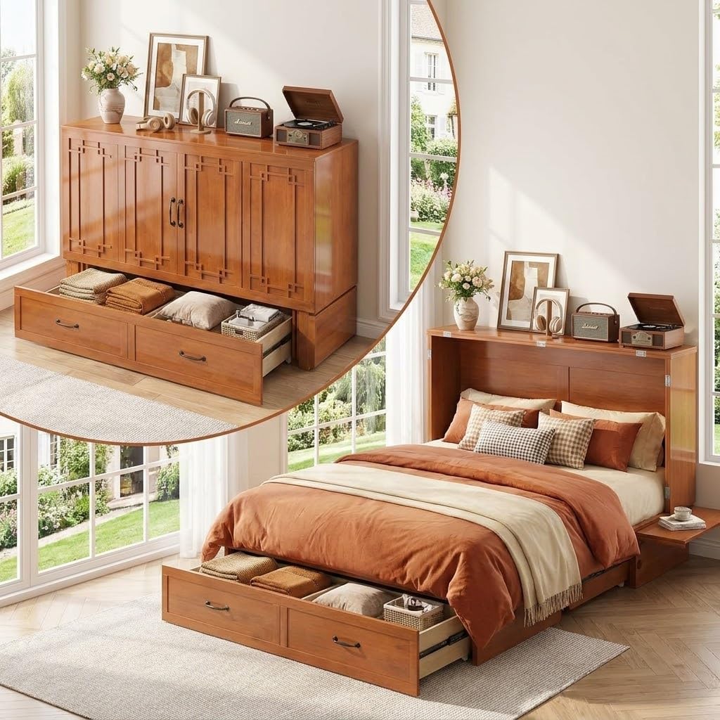 PUREMIND Queen Murphy Bed Cabinet with Mattress Included, Cabinet Beds with Storage Drawer, Murphy Chest Bed with USB Charging Station, Horizontal Murphys Wallbed for Bedroom, Guest Room