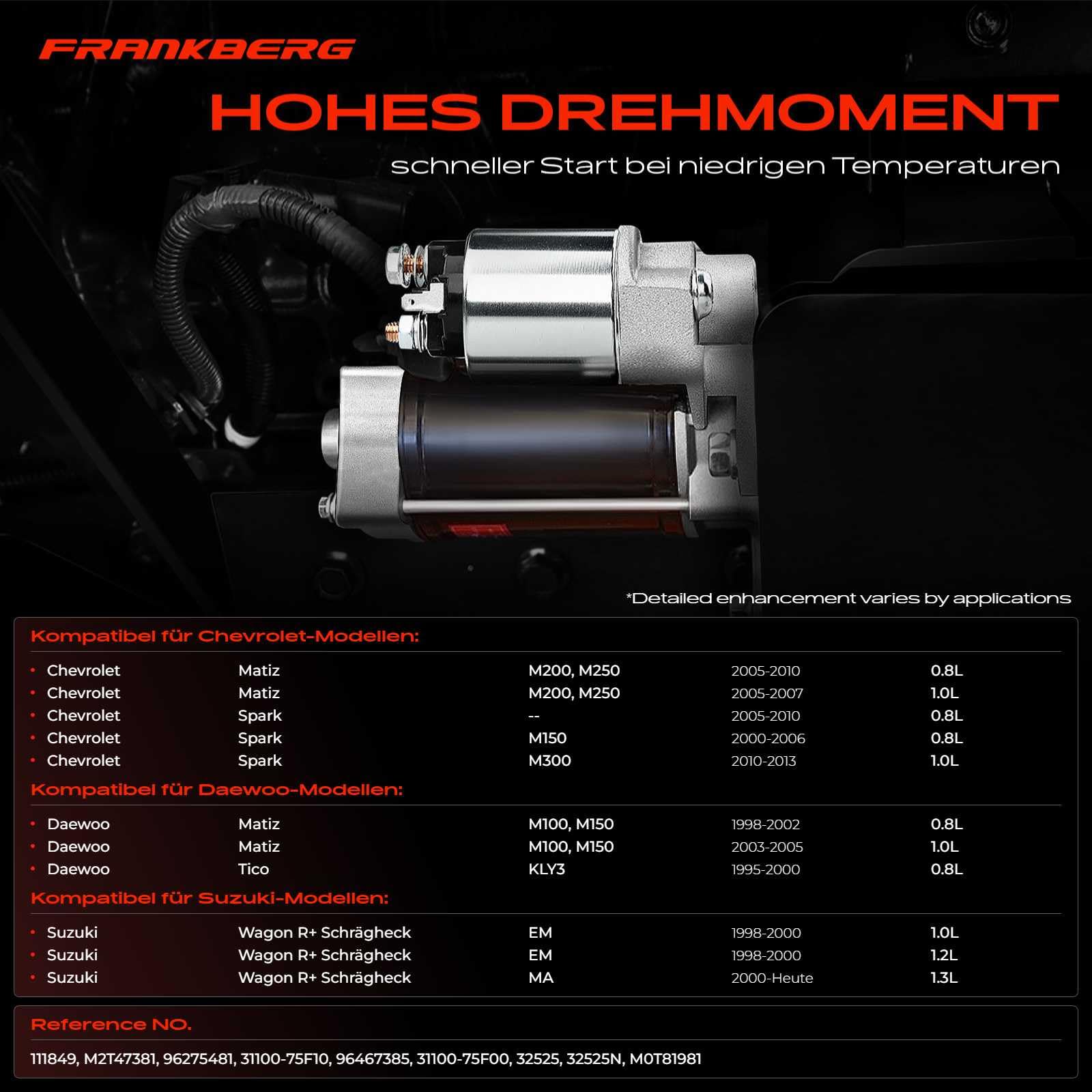 Frankberg Démarreur Compatible Avec Matiz M200 2005-2010 Spark