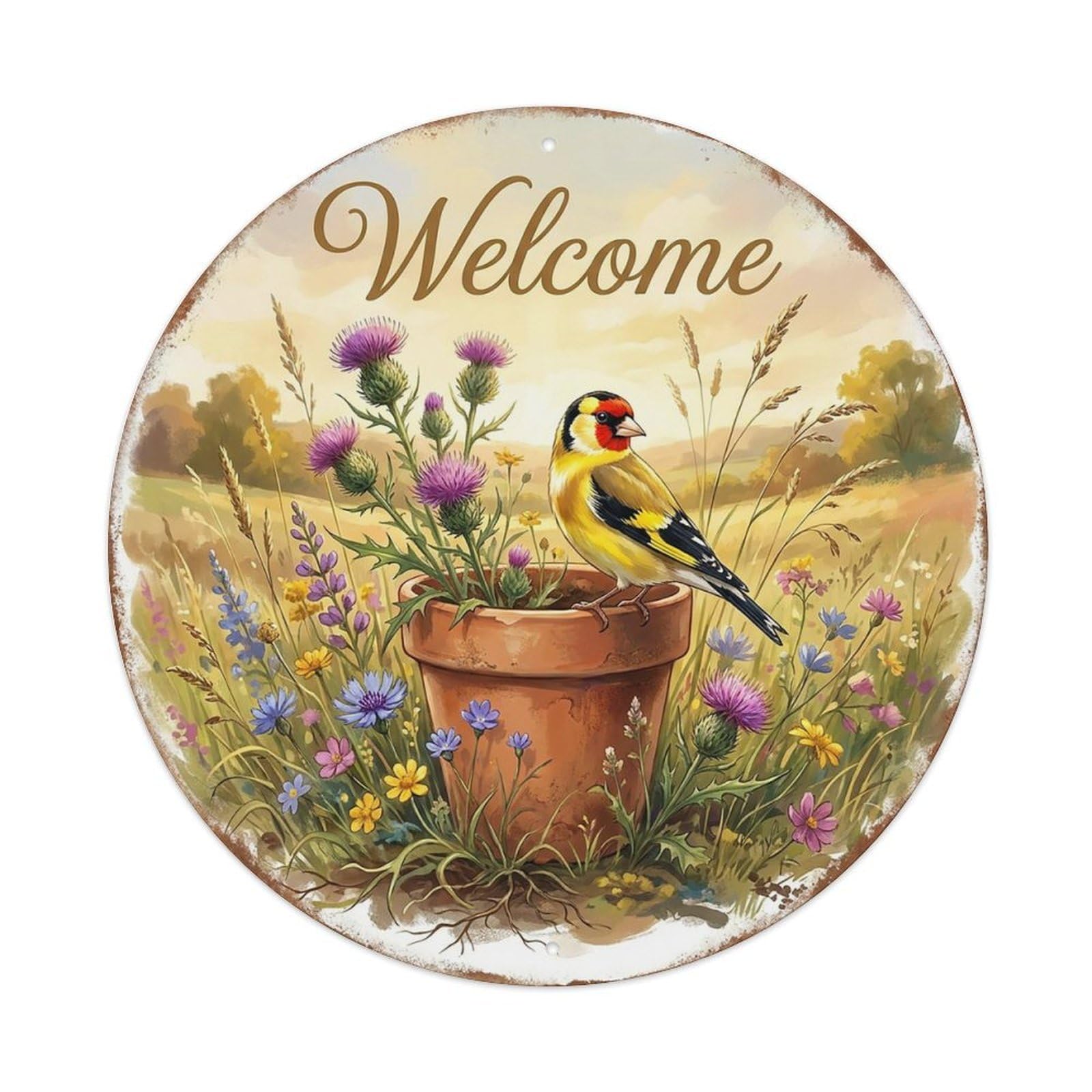 Welcome Goldfinch Thistle Field Vintage Metal Tin Sign Plaque Wall Decor for Cafe, Club Bar, Office, Garden Metal Poster 8x8Inch