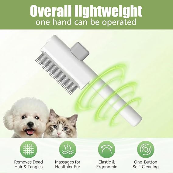 2Pcs Cat Dog Comb Set - Self-Cleaning Flea Comb for Cats Dogs Stainless Steel Round Teeth Grooming Brush with Release Button Removes Matted Loose Fur