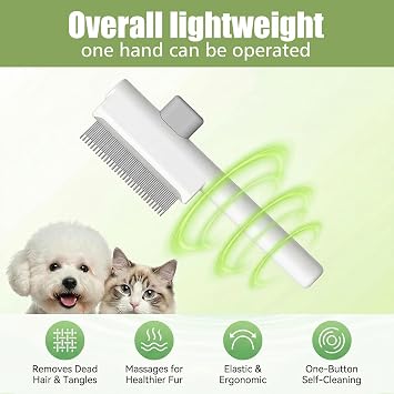 2Pcs Cat Dog Comb Set - Self-Cleaning Flea Comb for Cats Dogs Stainless Steel Round Teeth Grooming Brush with Release Button Removes Matted Loose Fur