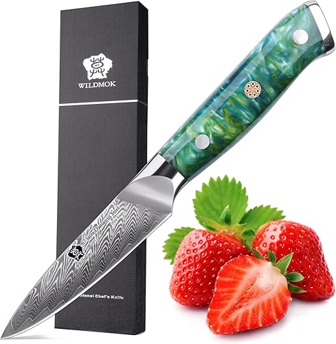 WILDMOK Cuchillo de pelar de 3.5 pulgadas, 67 capas de acero de damasco VG 10 cuchillas, cuchillo de cocina pequeño, perfecto para cortar frutas y