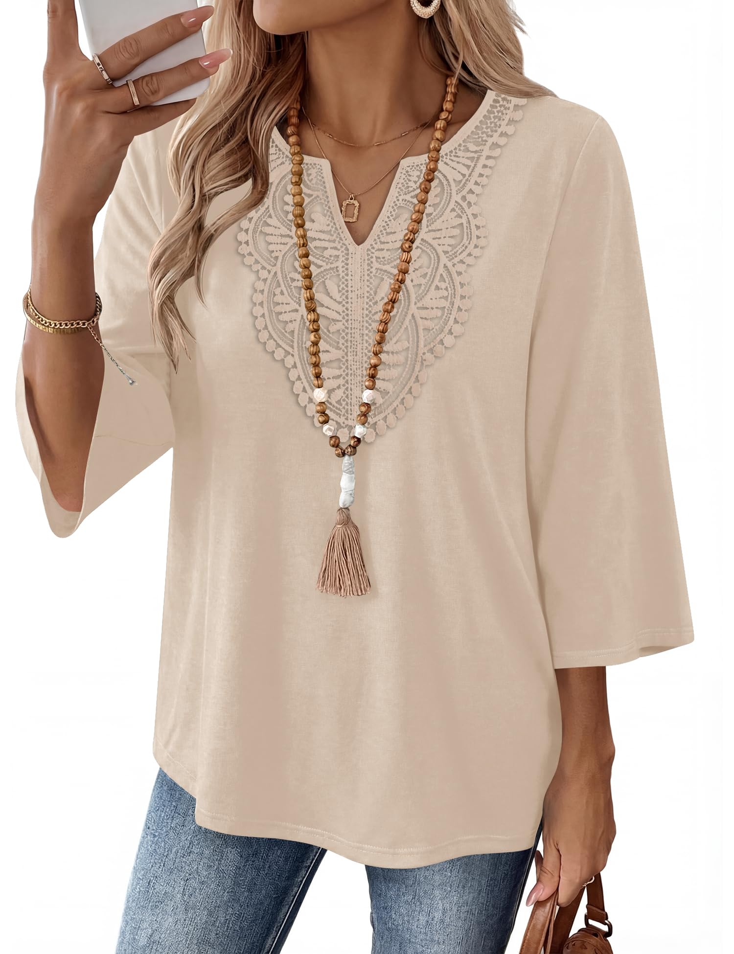 Rapbin Bluse Damen 3/4 Arm Oberteil Elegant Top Spitze V Ausschnitt Shirt | Bluse Damen 3/4 Arm Langerm Oberteil Shirt Sommer Elegant boho Top Oberteile Spitze V Ausschnitt Blusen Lässig Locker Tunika