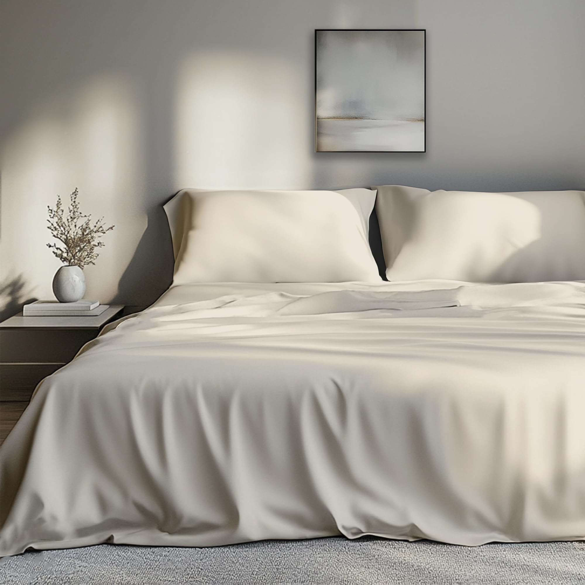Ekoscious Ivory 100% Eucalyptus Tencel Sateen Bed Sheet Set With 2 Pillowcase, King Size, 18 Inch Deep Pocket | (Ivory) - Cool & Softer Than Bamboo And Silk Sheets