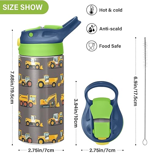 Miniatura 3 de Boccsty Yellow Tractor Truck - Botella de agua para niños y niñas pequeños con tapa con pajilla, vaso reutilizable de acero inoxidable con