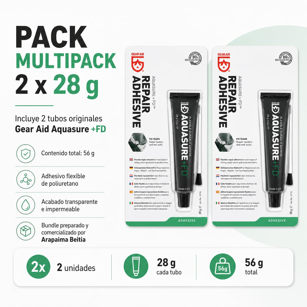 Gear Aid Aquasure +FD, flexible und wasserdichte Aufkleber aus Polyurethan, 2 Tuben à 28 g, für Neopren, Wathosen, Matten und Outdoor-Ausrüstung, 2 Stück