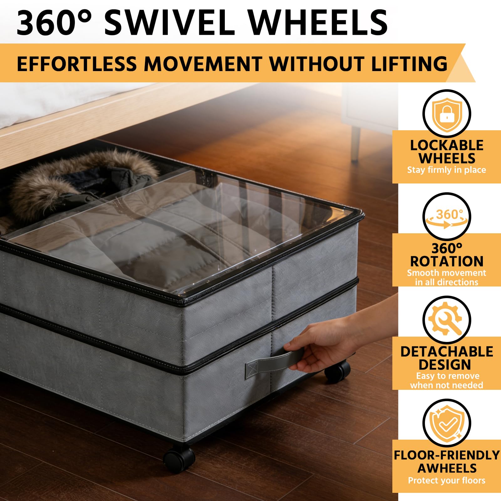 JAOGAUS Cajones de almacenamiento de cama con ruedas, paquete de 2 unidades, 72 L, XXL, ajustables, 25 cm de altura con tapa, caja de almacenamiento de dormitorio que ahorra espacio para ropa, zapatos