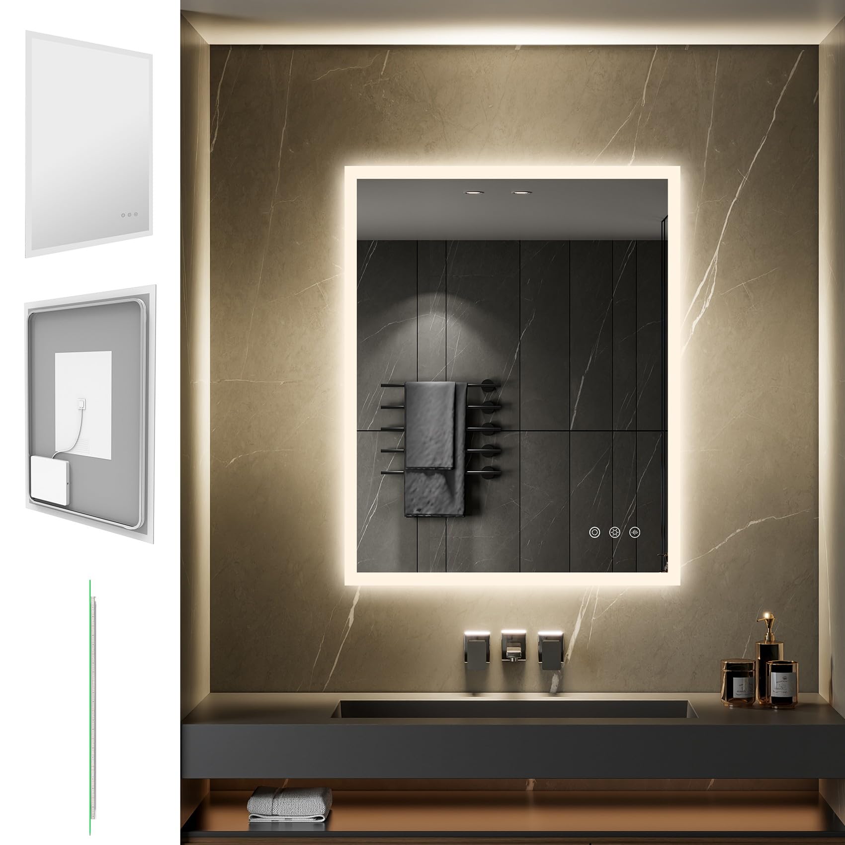 SANIVERRE TEMEO Miroir Mural LED Lumineux 80 x 100 cm réversible (2100 LMS) Tactile : antibuée + intensité et Couleur réglables - Salle de Bain