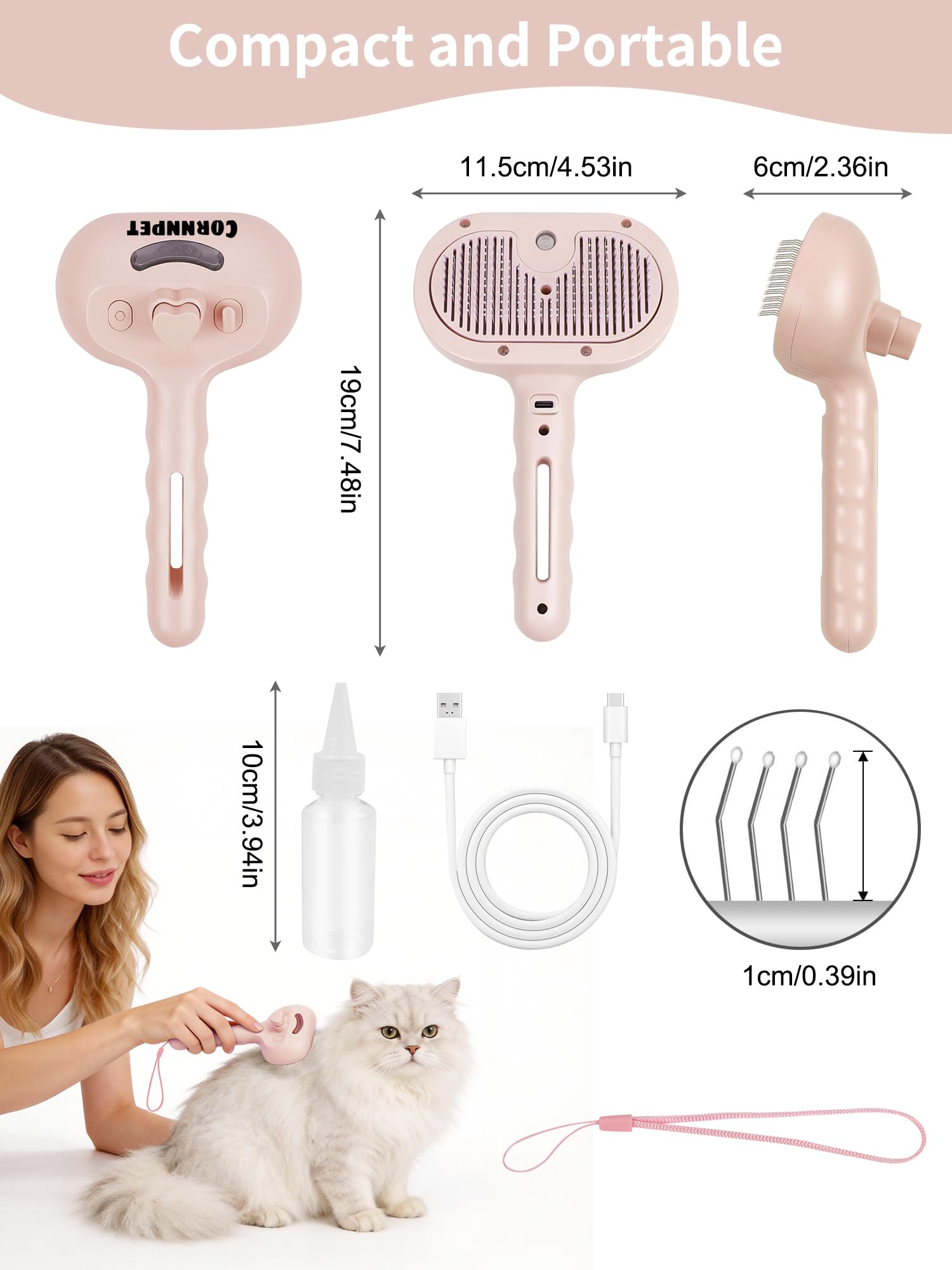 Cepillo de vapor para gatos 3 en 1, cepillo para gatos con botón de vapor y liberación, herramienta de aseo para mascotas de interior, eliminación de pelo, agua para animales pequeños, pelo largo y