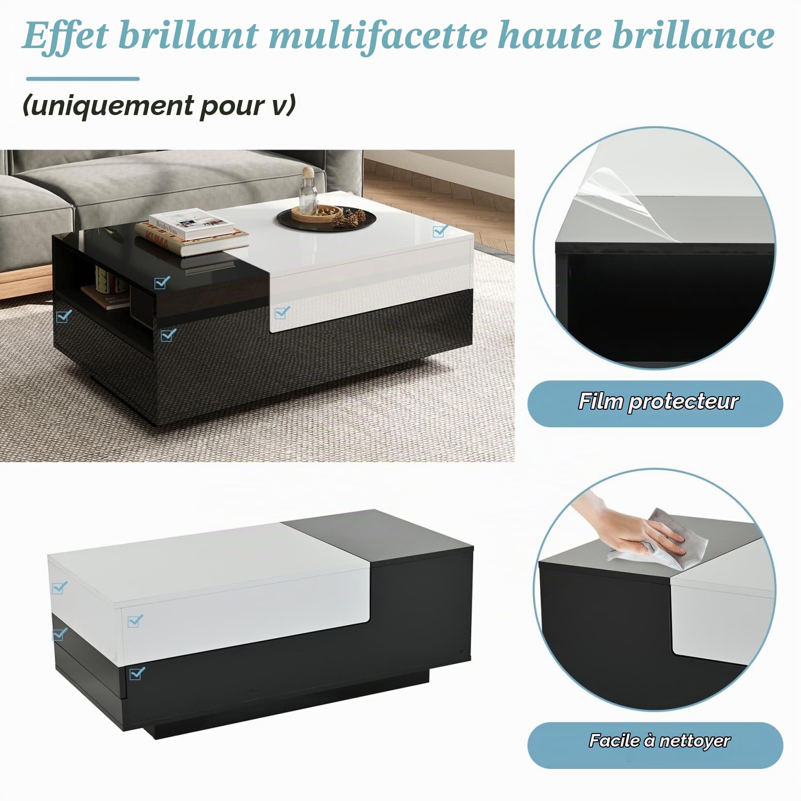 Table Basse Salon Blanche Extensible 100x50x38cm,Table d'appoint Brillante avec Plateau Coulissant,Tiroir,Grand Espace de Stockage,pour Salon (B-Noir)