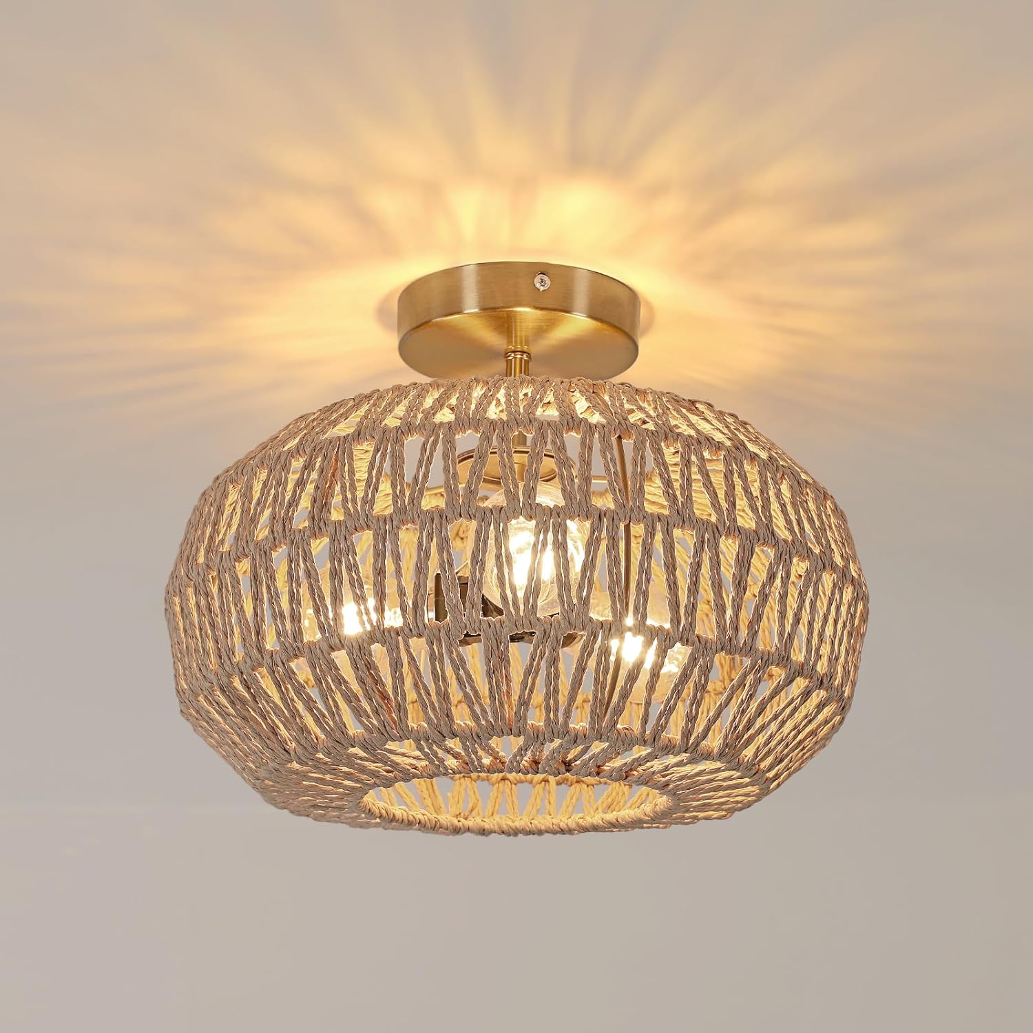 DELIPOP 3-Lights Rattan Ceiling Light, Gold Boho Chandelier Light Fixture, 13in Handmade Woven Farmhouse Semi Flush Mount Light Fixture, Close to Ceiling Light for Living Room, Bedroom, Kitchen