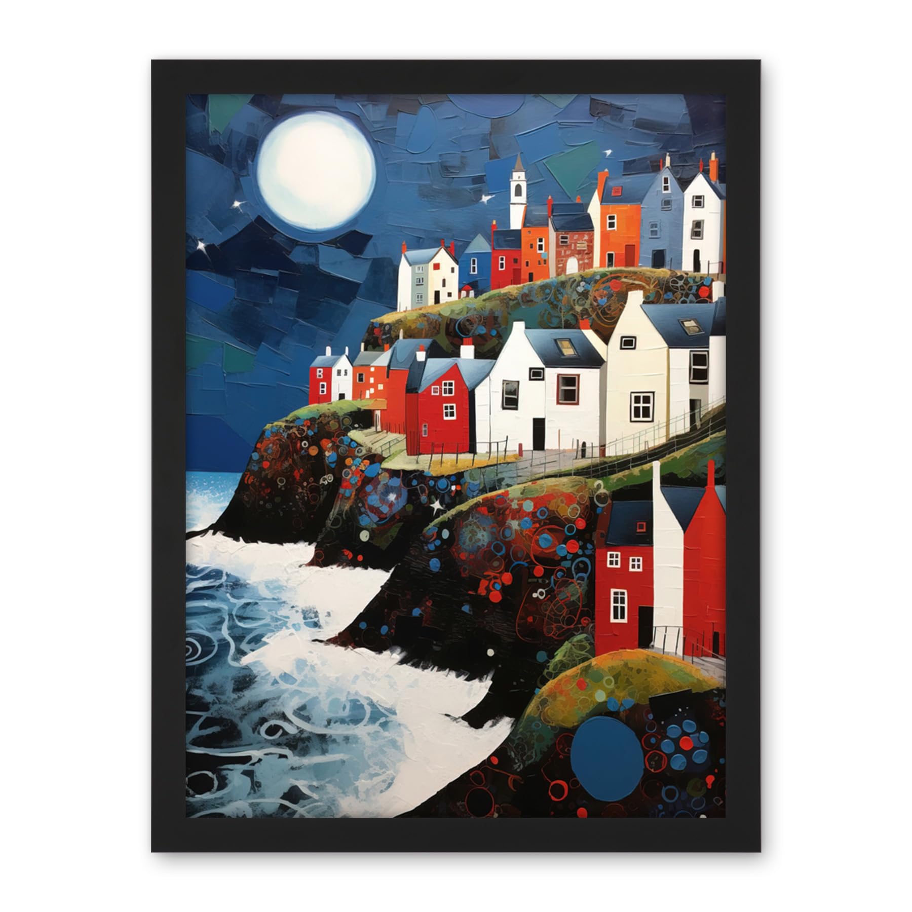 Artery8 Seaside Village Houses on Cliff Folk Art Oil Painting Bathroom Artwork Full Moon Night Waves Coastal Landscape Artwork Framed Wall Art Print 18X24 Inch