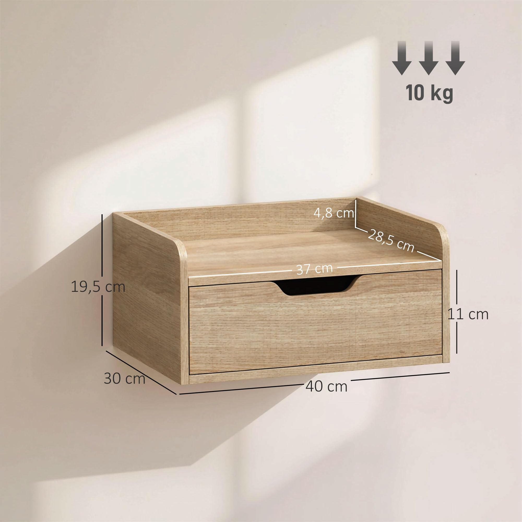 HOMCOM Set di 2 comodini da parete, comodini sospesi con cassetto e piano rialzato, stile moderno, per camera da letto, soggiorno, 40 x 30 x 19,5 cm, legno naturale