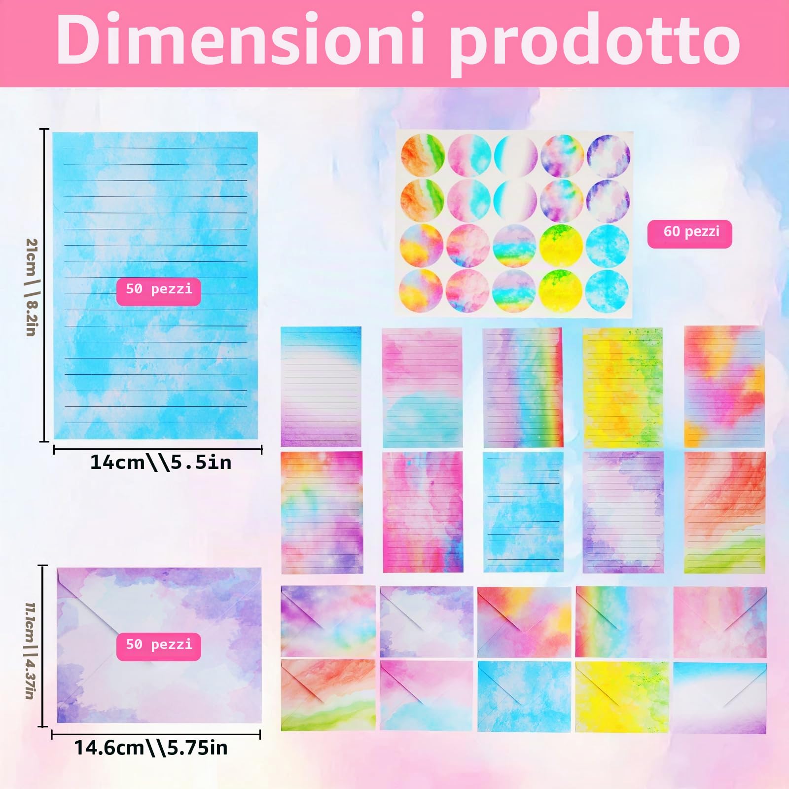 Carta da Lettere con Busta Set 160 Pz, Buste Colorate per Lettere Acquerellabili, Include 60 Adesivi