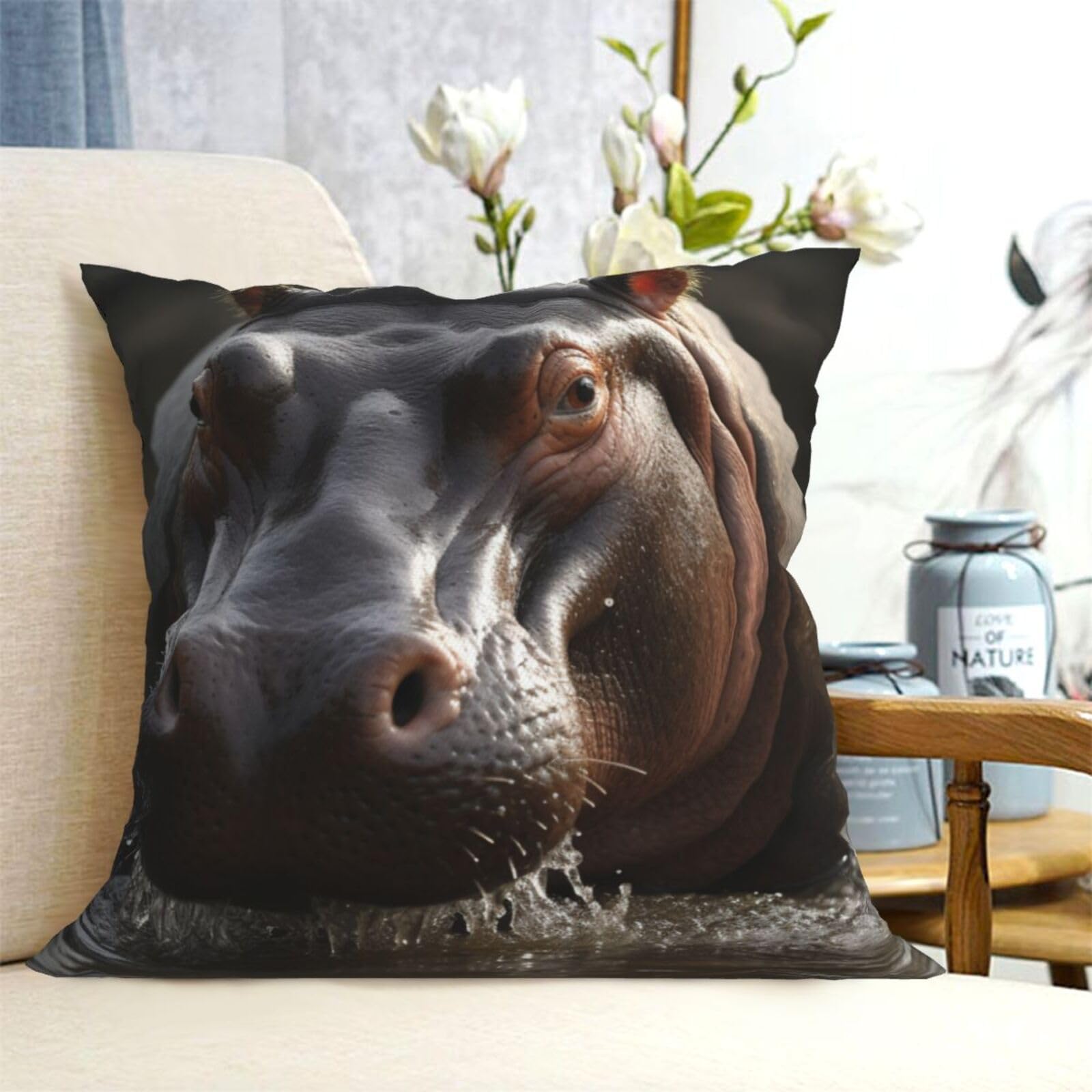 Fodpand Black Decorative Throw Pillow Covers 18"X18" Hippo Cushion Cases Square Modern Farmhouse Pillow Cases Soft Cozy Cushion Covers For Couch Sofa Bedroom Home Decor Pillowcase