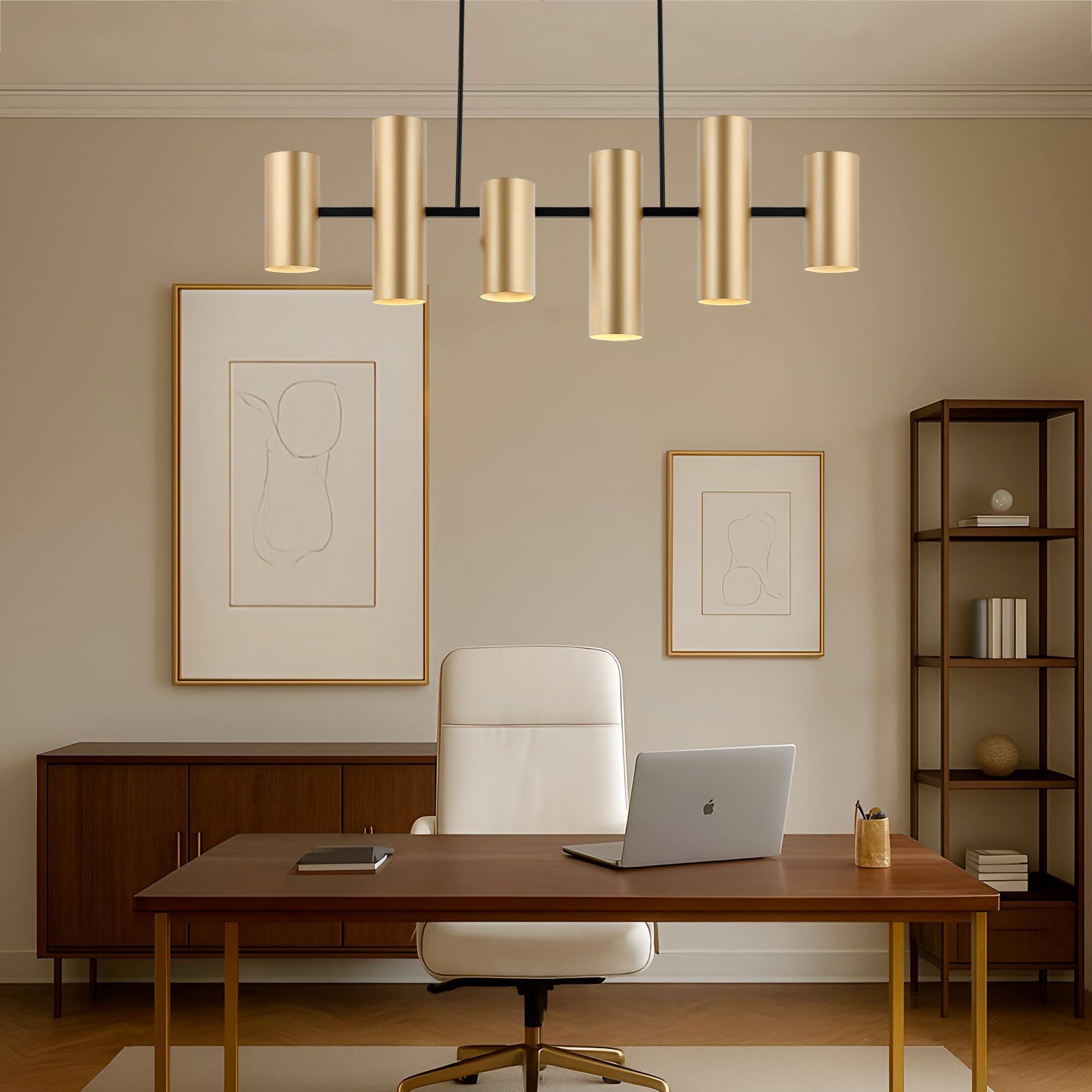 LEOLUX Metropolis – Lampadario Moderno a Sospensione 6 Luci – Design Architettonico a Cilindri – LED GU10 – Finitura Oro – Lampada da Soffitto per Soggiorno, Cucina e Sala da Pranzo