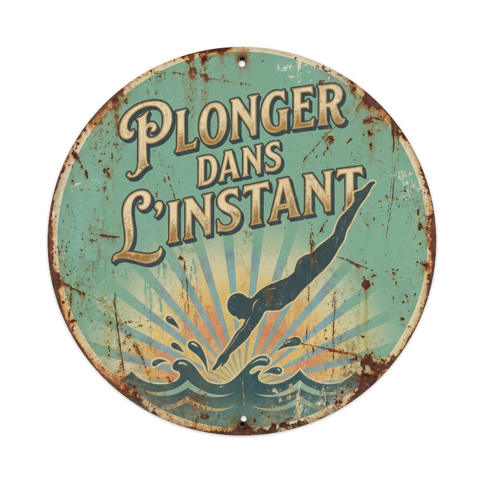 Dive Into Moment Classic Pool Life Summer Swim Slogan Metal Tin Sign Plaque Wall Decor for Cafe, Man Cave, Club Bar, Office, Home Garden Round Metal Poster 8x8Inch