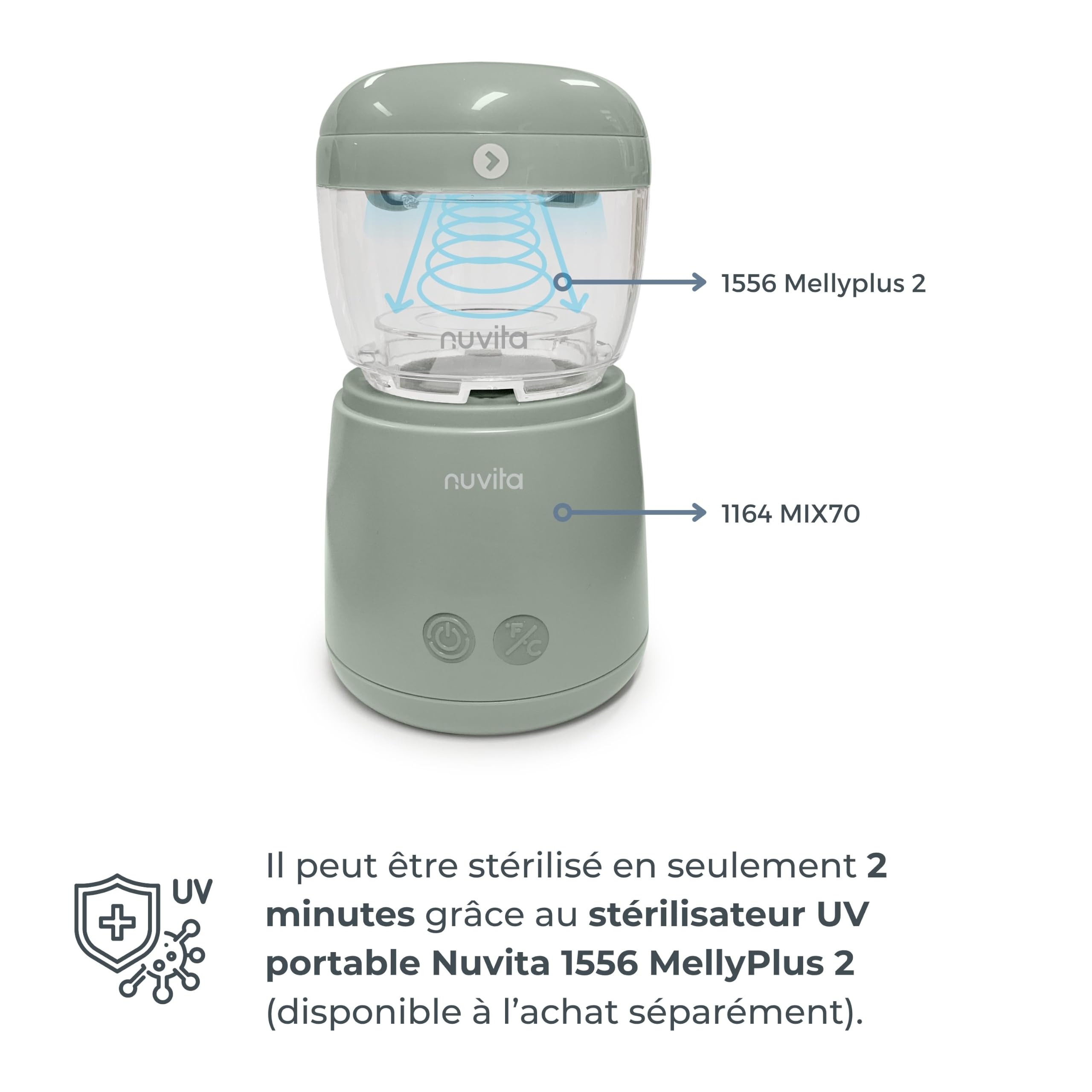 Nuvita 1164 Mix70 Chauffe-biberon Portable avec Fonction de Mélange, 5 Températures jusqu’à 70°C, Universel avec 6 Adaptateurs Inclus, Batterie Rechargeable, Écran LED, Sans BPA