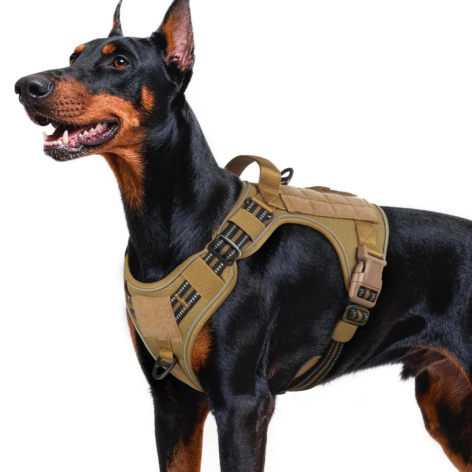 rabbitgoo Dog Harness for Large Dogs No Pull, Tactical Service Pet Vest with Molle and Control Handle, Adjustable and Reflective Military Harness for Easy Walking and Training, Brown, L